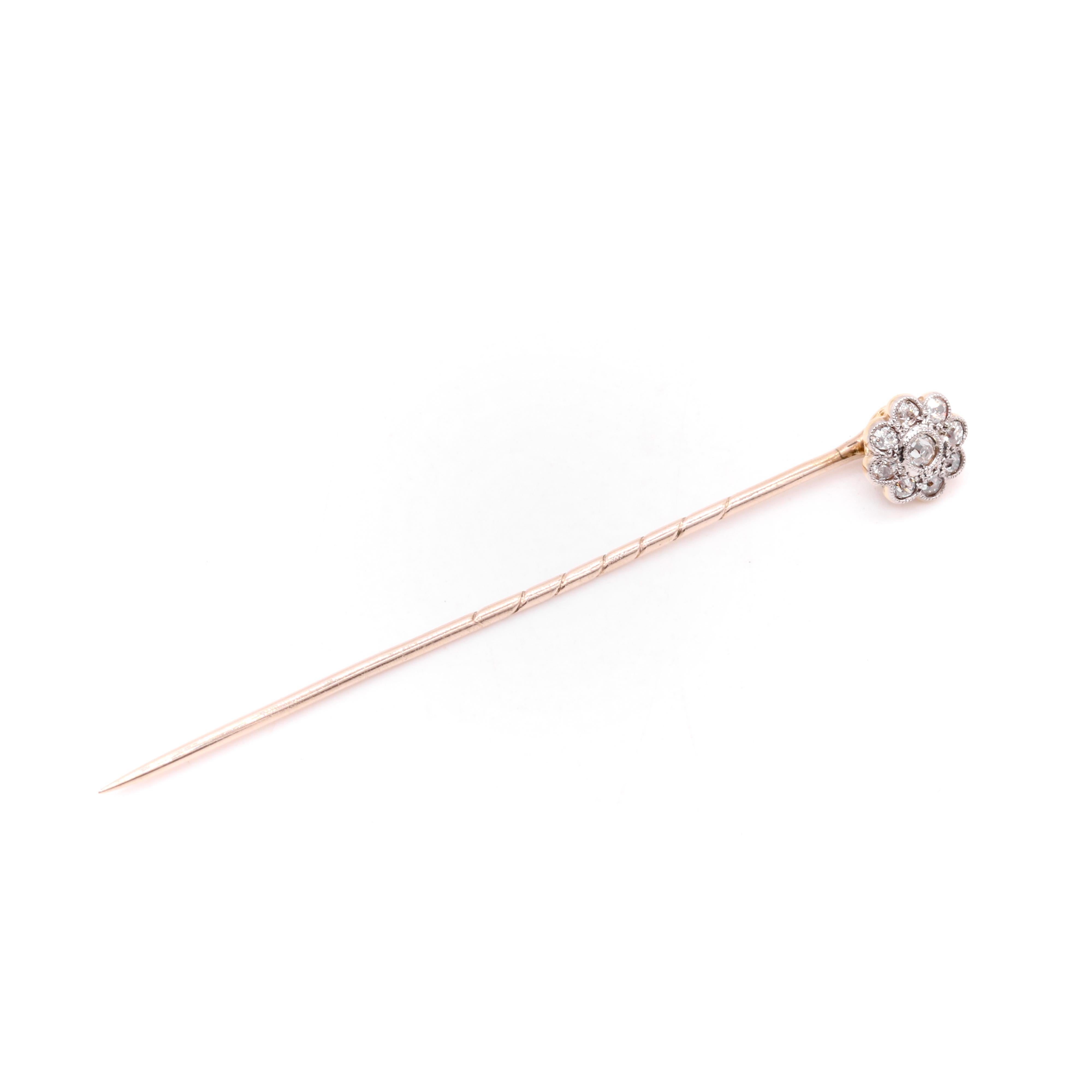 Women's or Men's Antique Edwardian 15K Yellow Gold & Platinum Old Cut Diamond Daisy Stick Pin For Sale