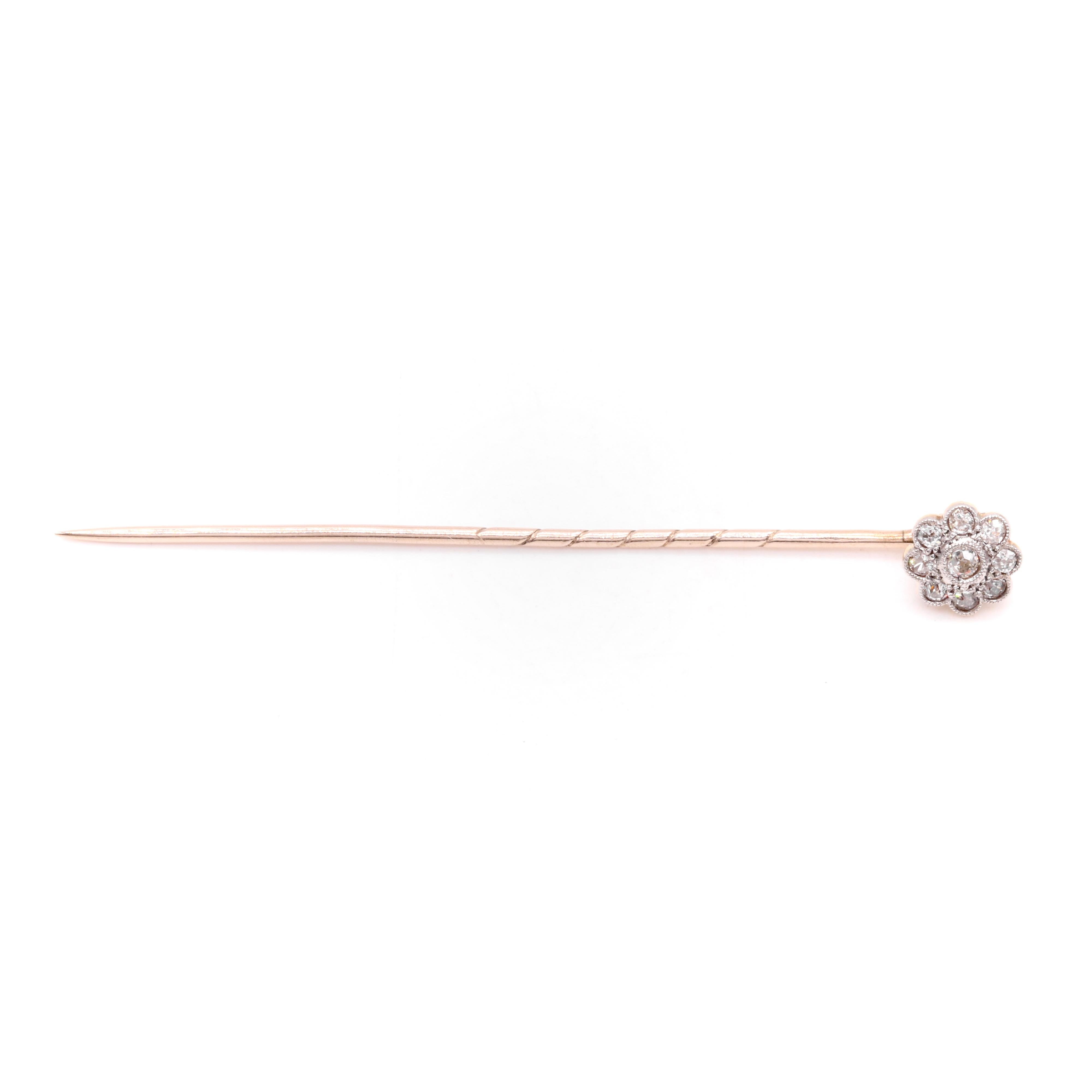 Antique Edwardian 15K Yellow Gold & Platinum Old Cut Diamond Daisy Stick Pin For Sale 1