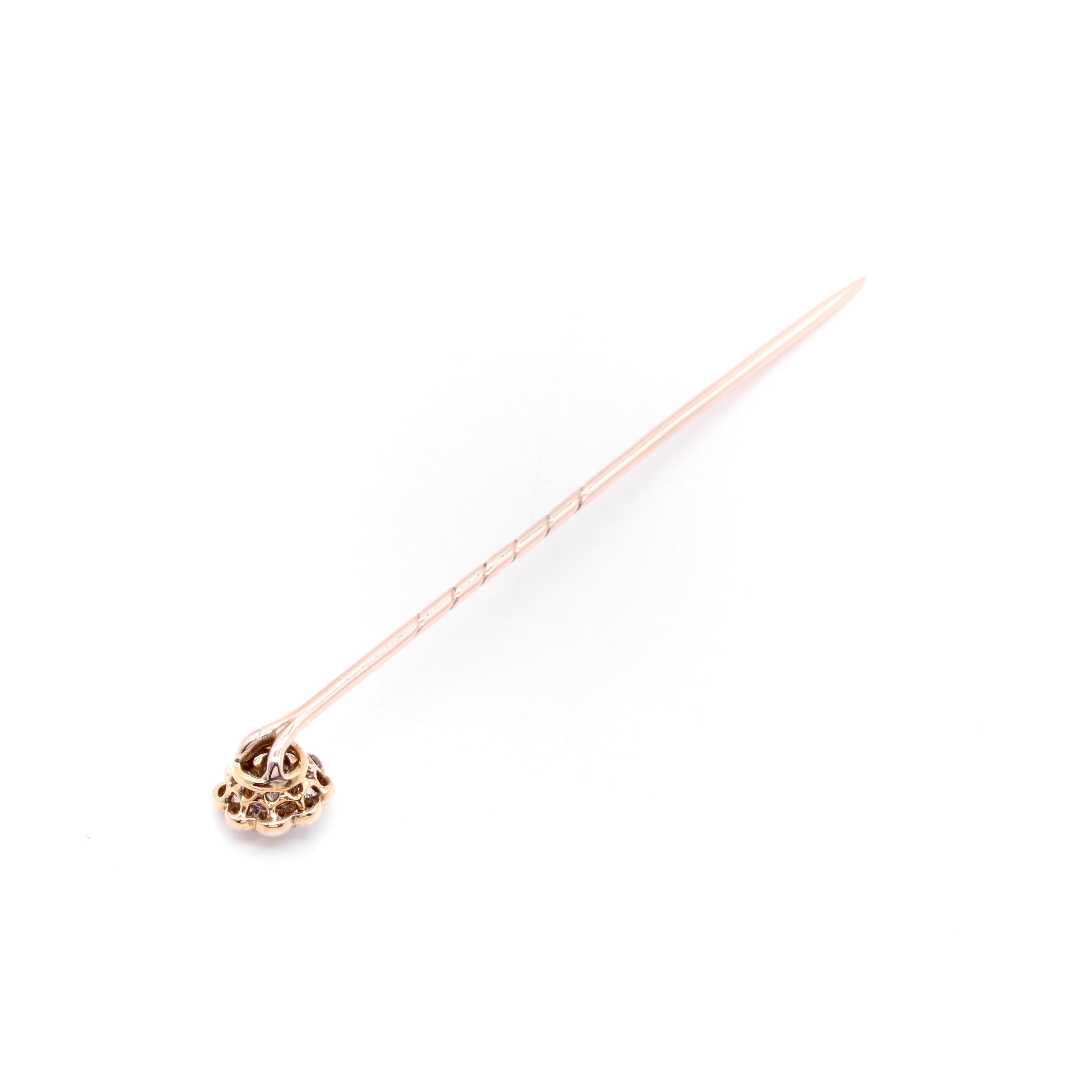 Antique Edwardian 15K Yellow Gold & Platinum Old Cut Diamond Daisy Stick Pin For Sale 3