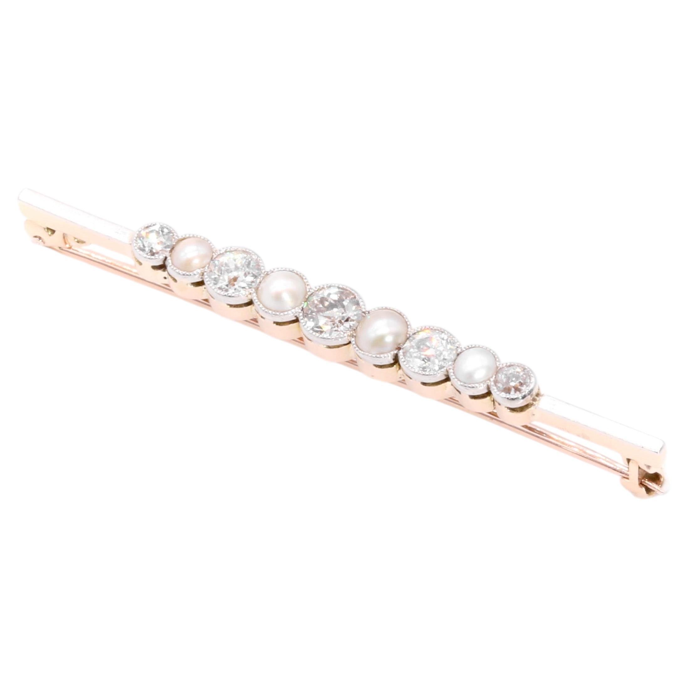 Antique Edwardian 15K Yellow Gold & Platinum Old Cut Diamond & Pearl Bar Brooch