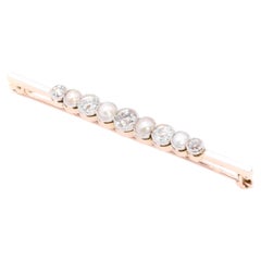 Antique Edwardian 15K Yellow Gold & Platinum Old Cut Diamond & Pearl Bar Brooch