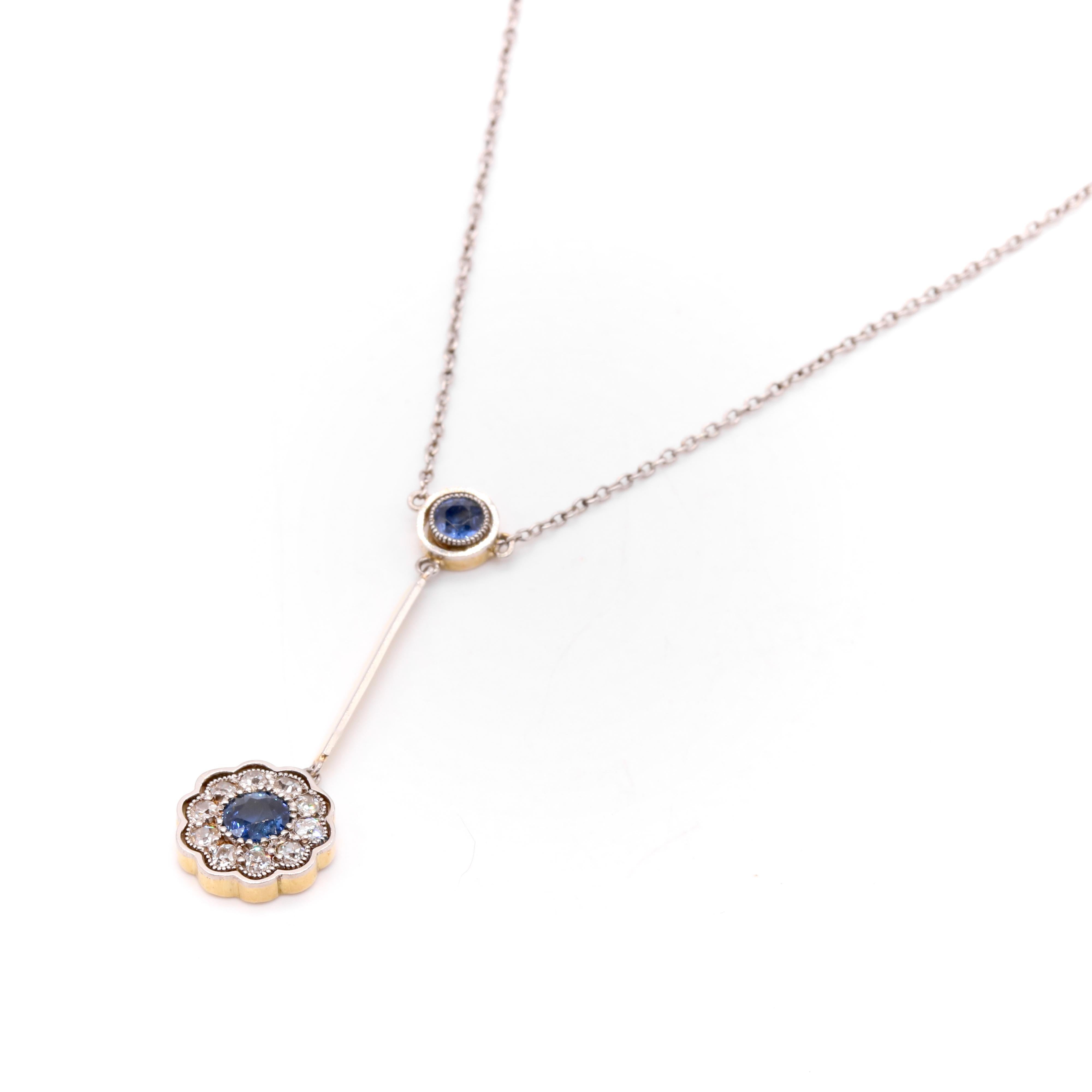 Collier marguerite antique édouardien en or jaune 15K et platine avec saphirs et diamants en vente 1