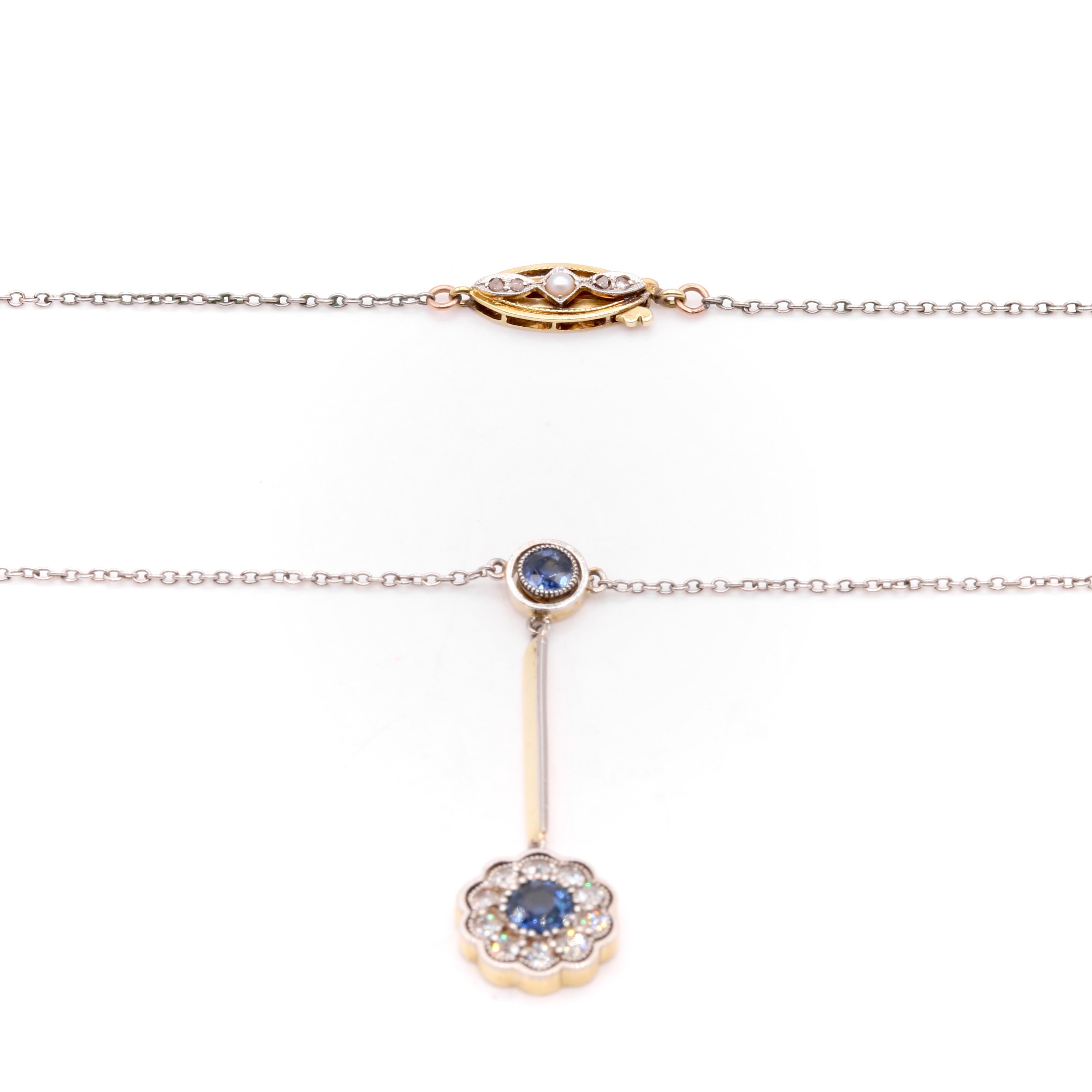 Collier marguerite antique édouardien en or jaune 15K et platine avec saphirs et diamants en vente 2