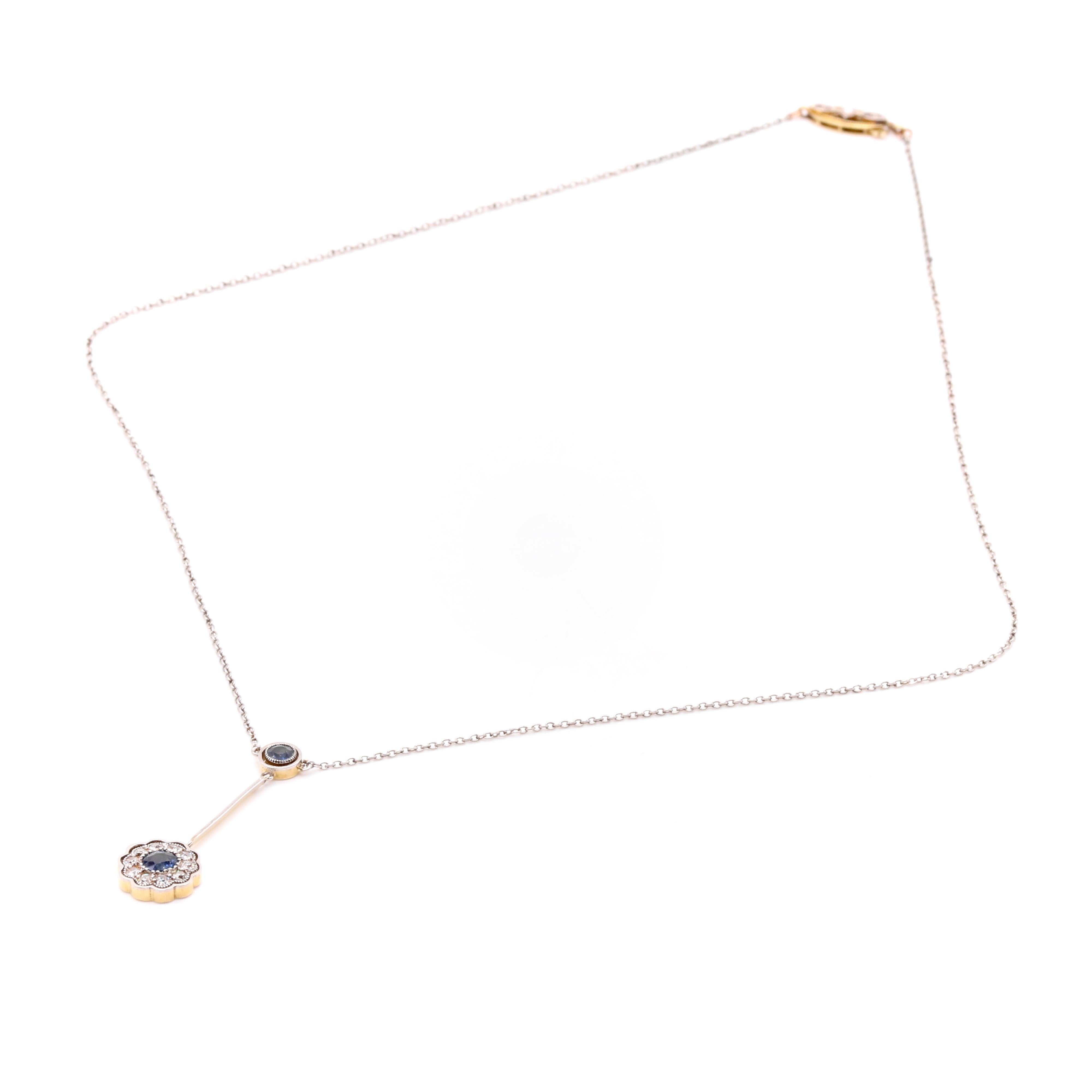 Collier marguerite antique édouardien en or jaune 15K et platine avec saphirs et diamants en vente 3