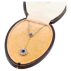Collana antica edoardiana in oro giallo 15K e platino con zaffiri e diamanti a margherita