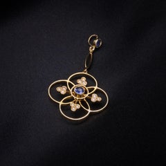 Antique Edwardian 15K Yellow Gold Sapphire and Pearl Quatrefoil Pendant