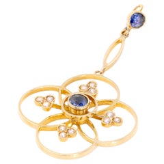 Antique Edwardian 15K Yellow Gold Sapphire and Pearl Quatrefoil Pendant