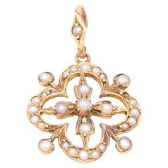 Antique Edwardian 15K Yellow Gold Seed Pearl Quatrefoil Floral Pendant