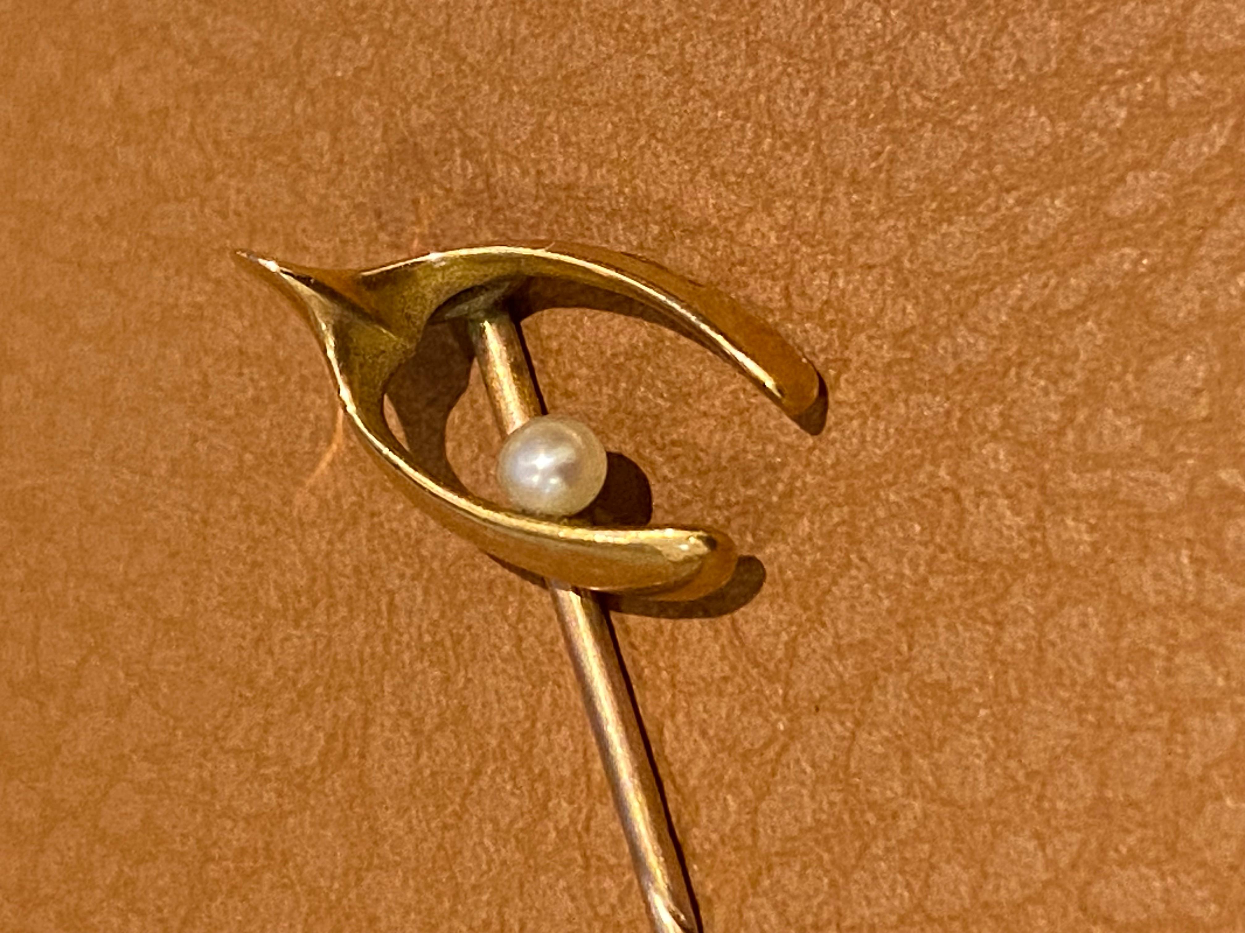 Women's or Men's Antique (Edwardian) 15K Yellow Gold & Seed Pearl WishBone Stick Pin