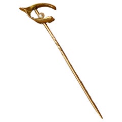 Antica spilla a bastone WishBone in oro giallo 15 carati e perle di mare (Edwardian)