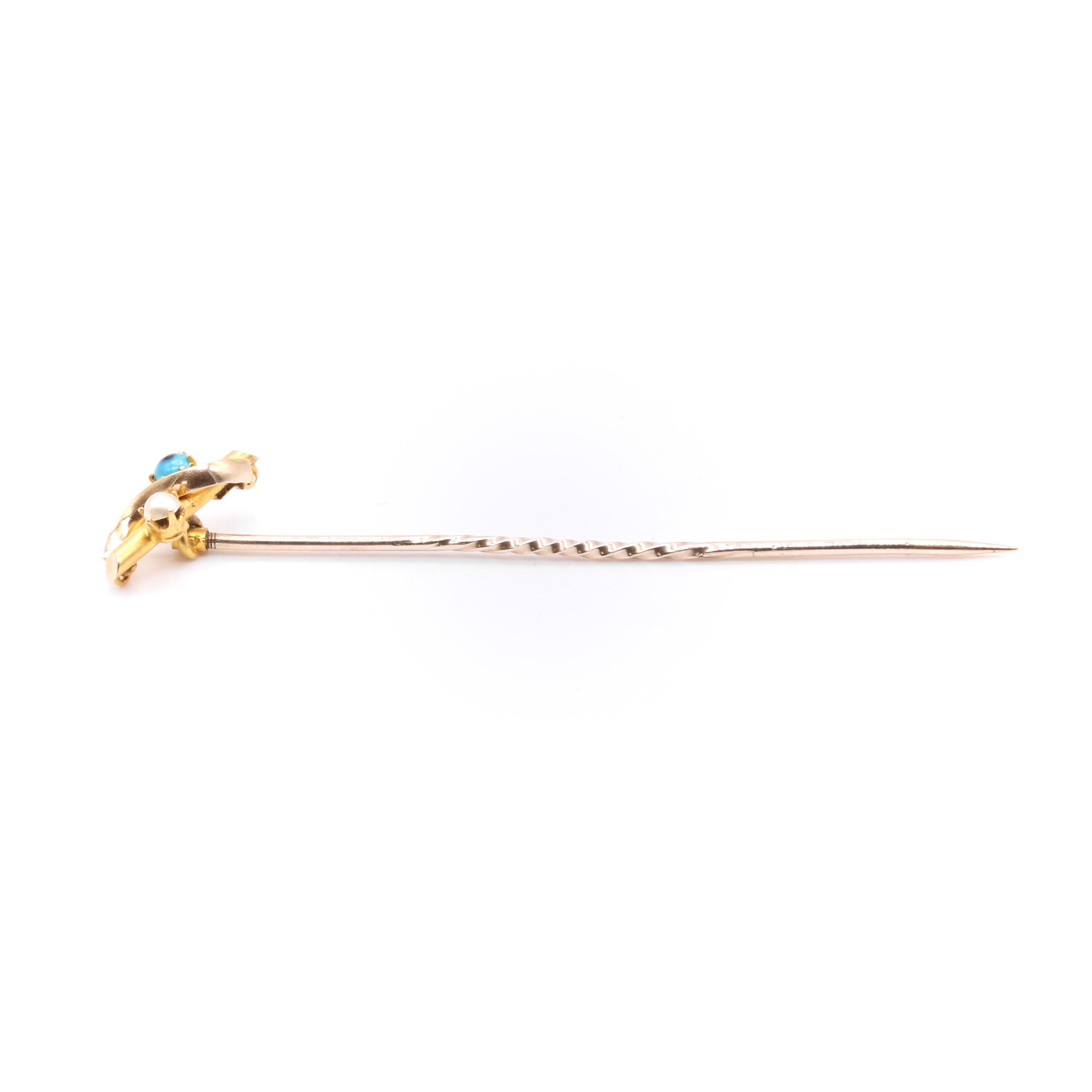 Cabochon Antique Edwardian 15K Yellow Gold Turquoise and Pearl Stick Pin For Sale