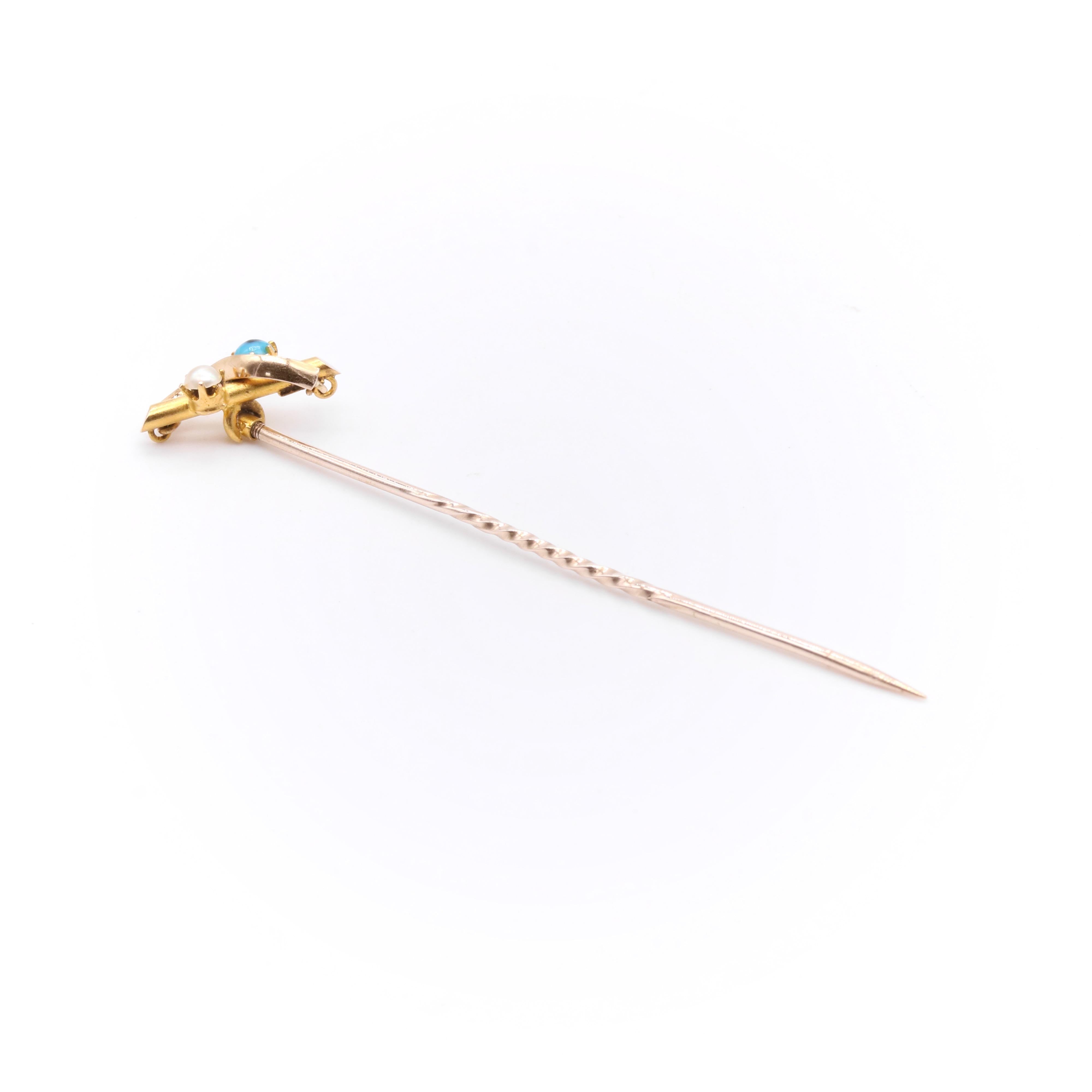 Antique Edwardian 15K Yellow Gold Turquoise and Pearl Stick Pin In Good Condition For Sale In Staines-Upon-Thames, GB