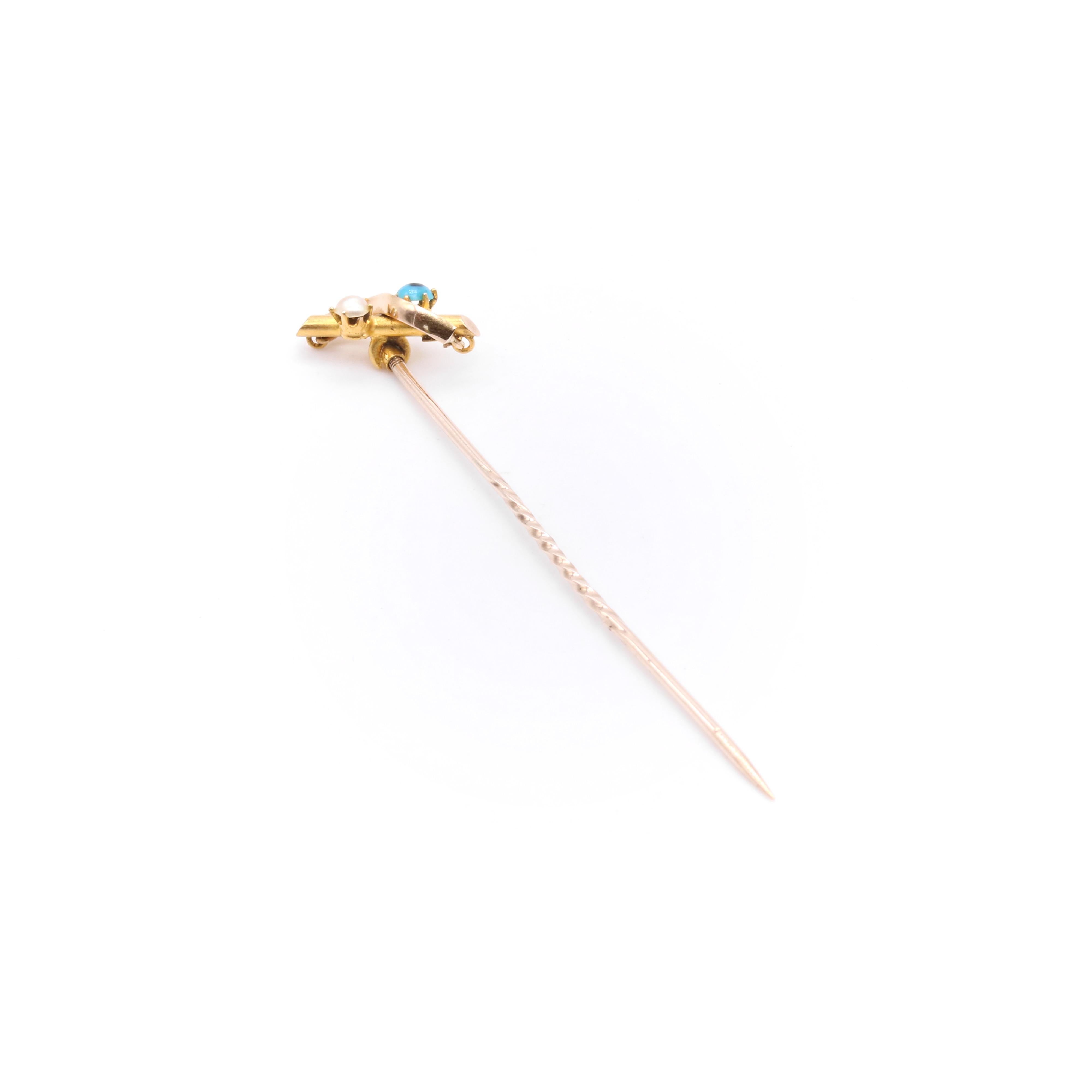Women's or Men's Antique Edwardian 15K Yellow Gold Turquoise and Pearl Stick Pin For Sale