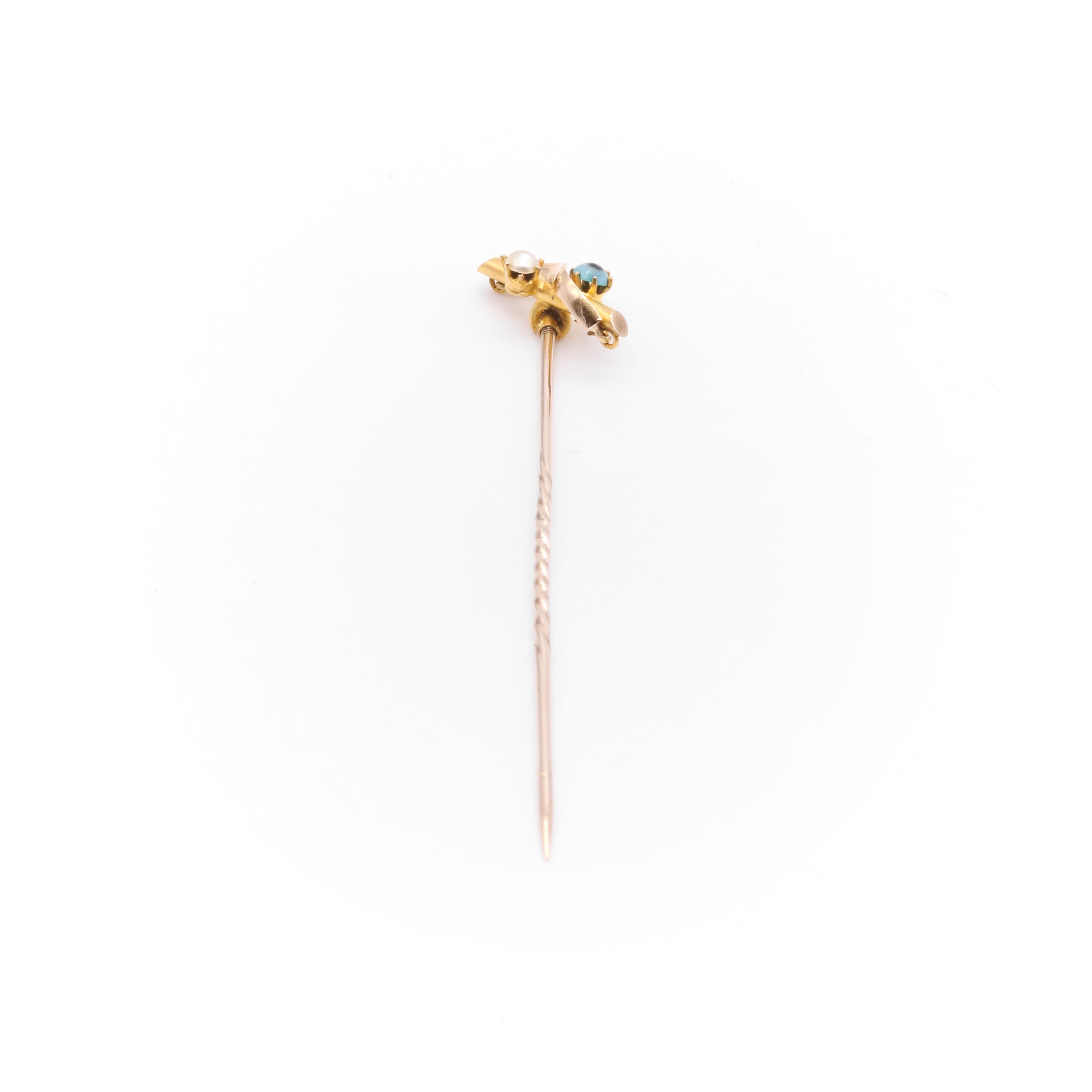 Antique Edwardian 15K Yellow Gold Turquoise and Pearl Stick Pin For Sale 1
