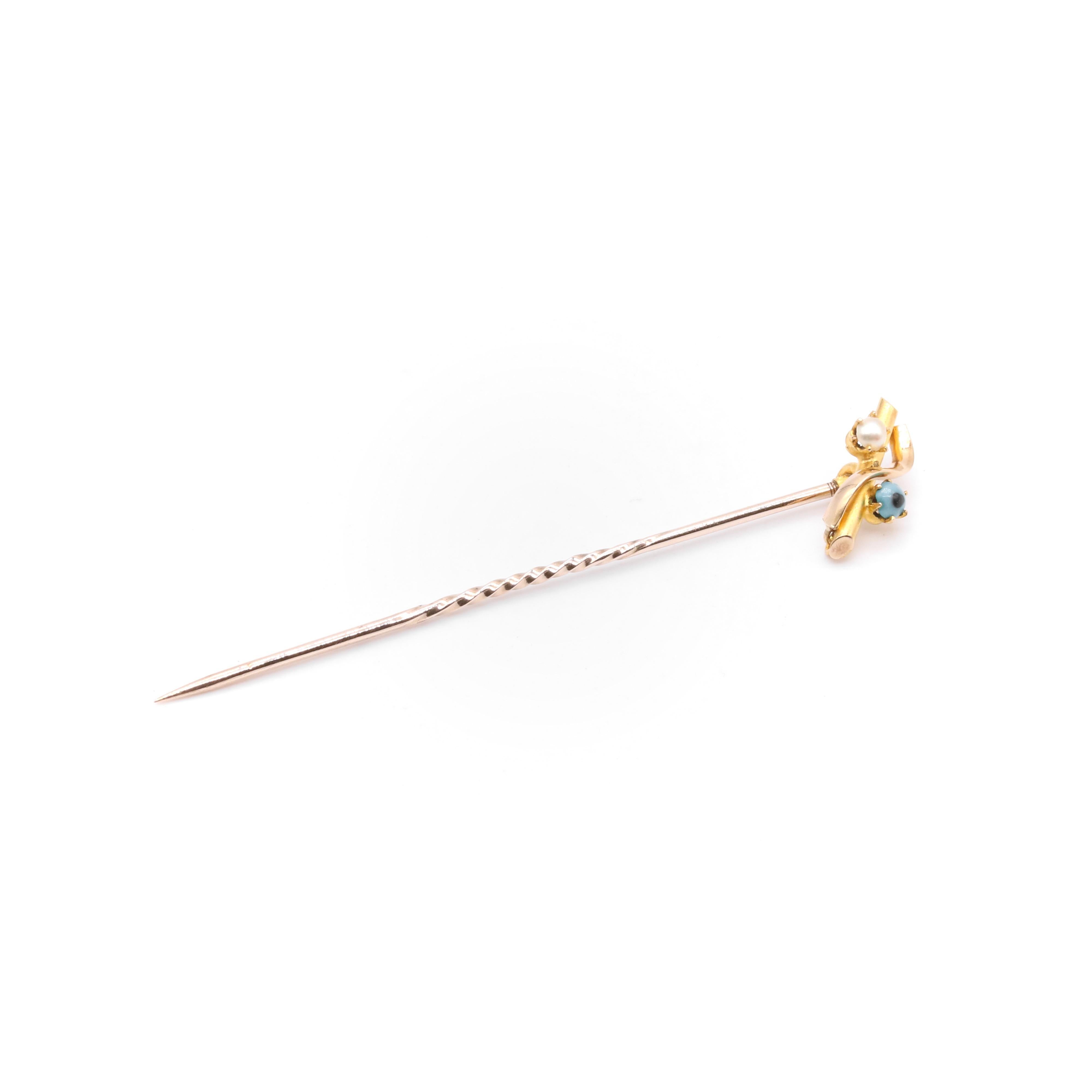Antique Edwardian 15K Yellow Gold Turquoise and Pearl Stick Pin For Sale 2