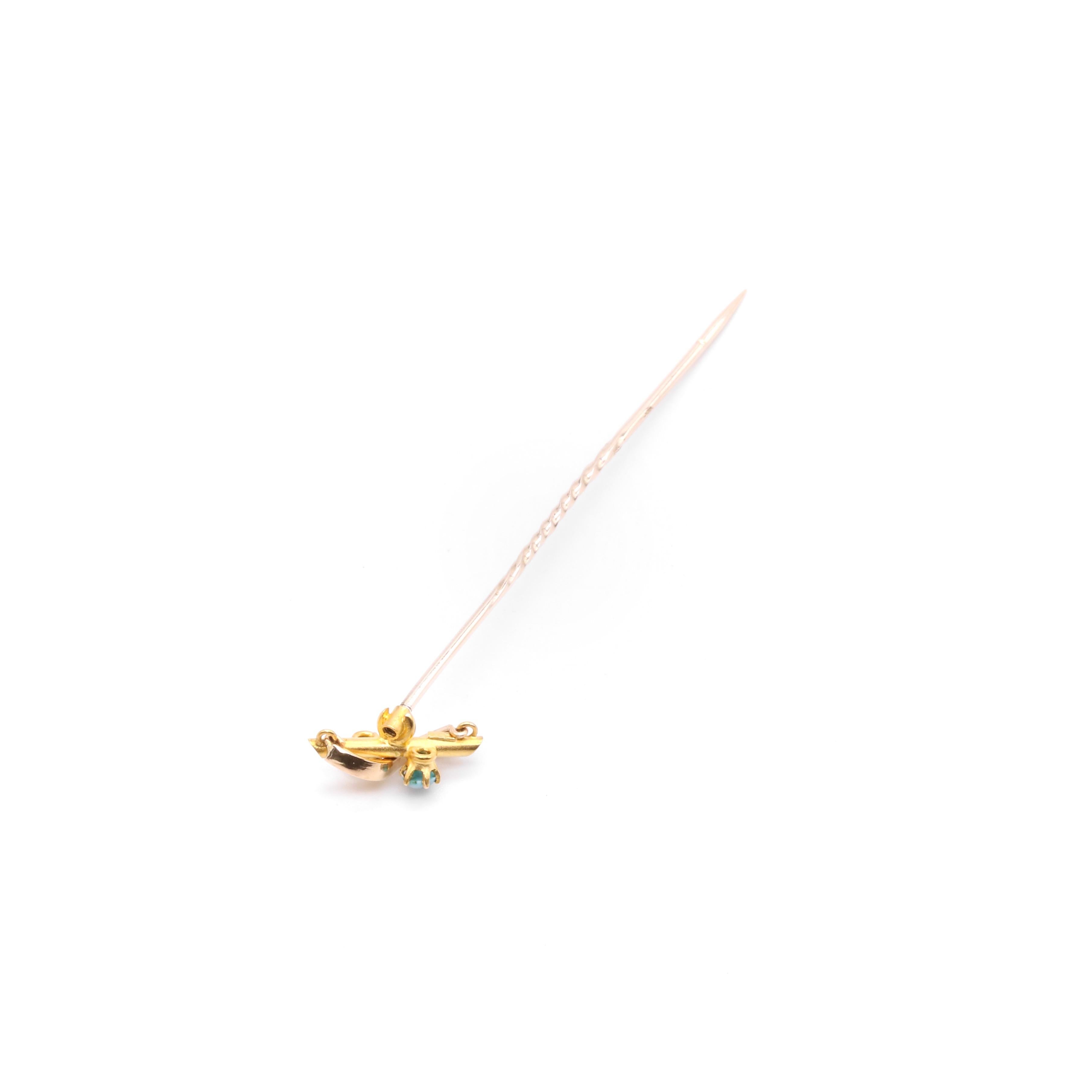 Antique Edwardian 15K Yellow Gold Turquoise and Pearl Stick Pin For Sale 3