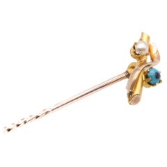Antique Edwardian 15K Yellow Gold Turquoise and Pearl Stick Pin