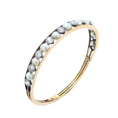 Antique Edwardian 15kt Gold and Platinum Bangle with Natural Saltwater Pearls