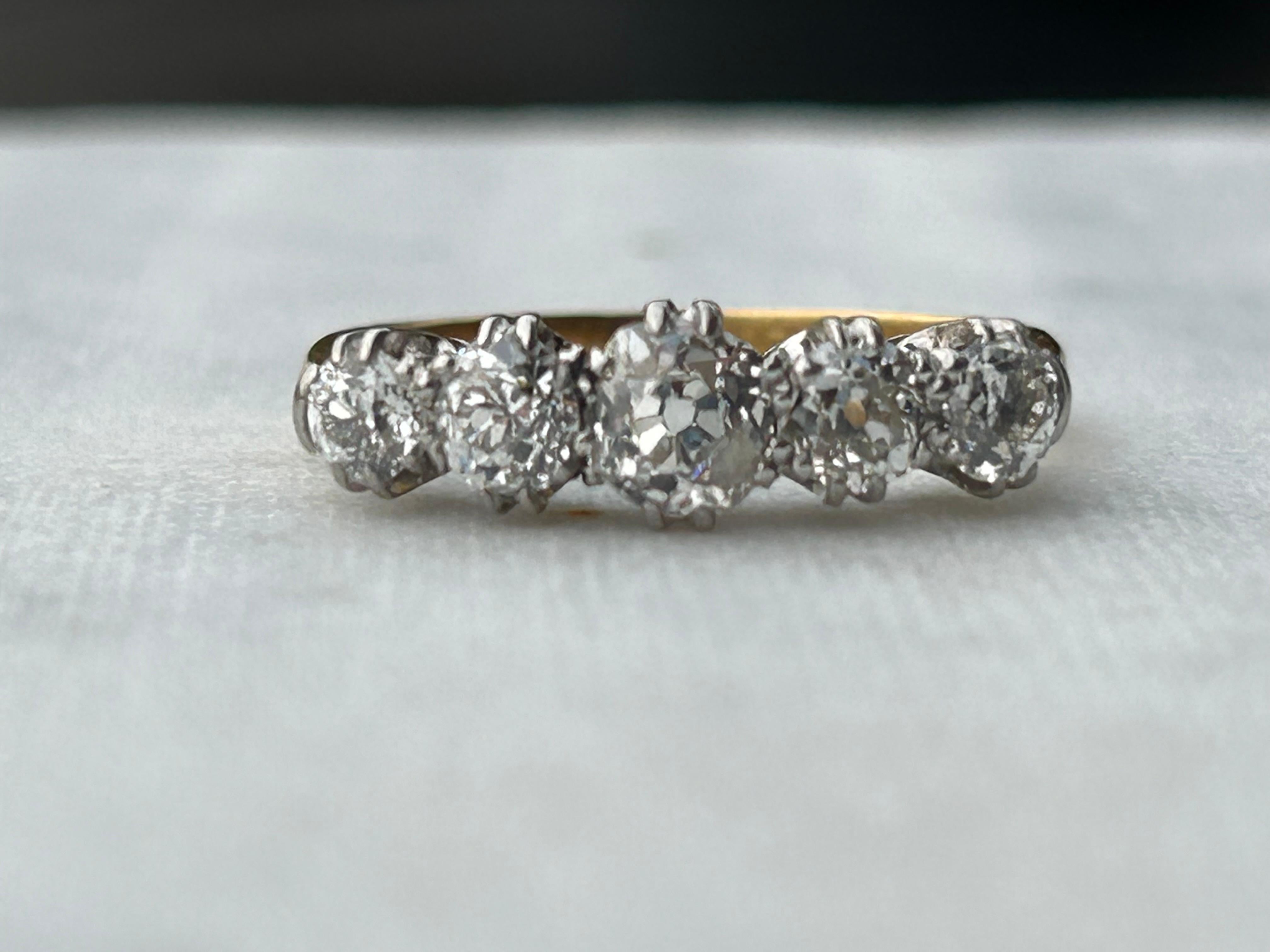 Antique Edwardian 1.65 carat Five Stone Old Mine Cut Diamond Ring For Sale 7