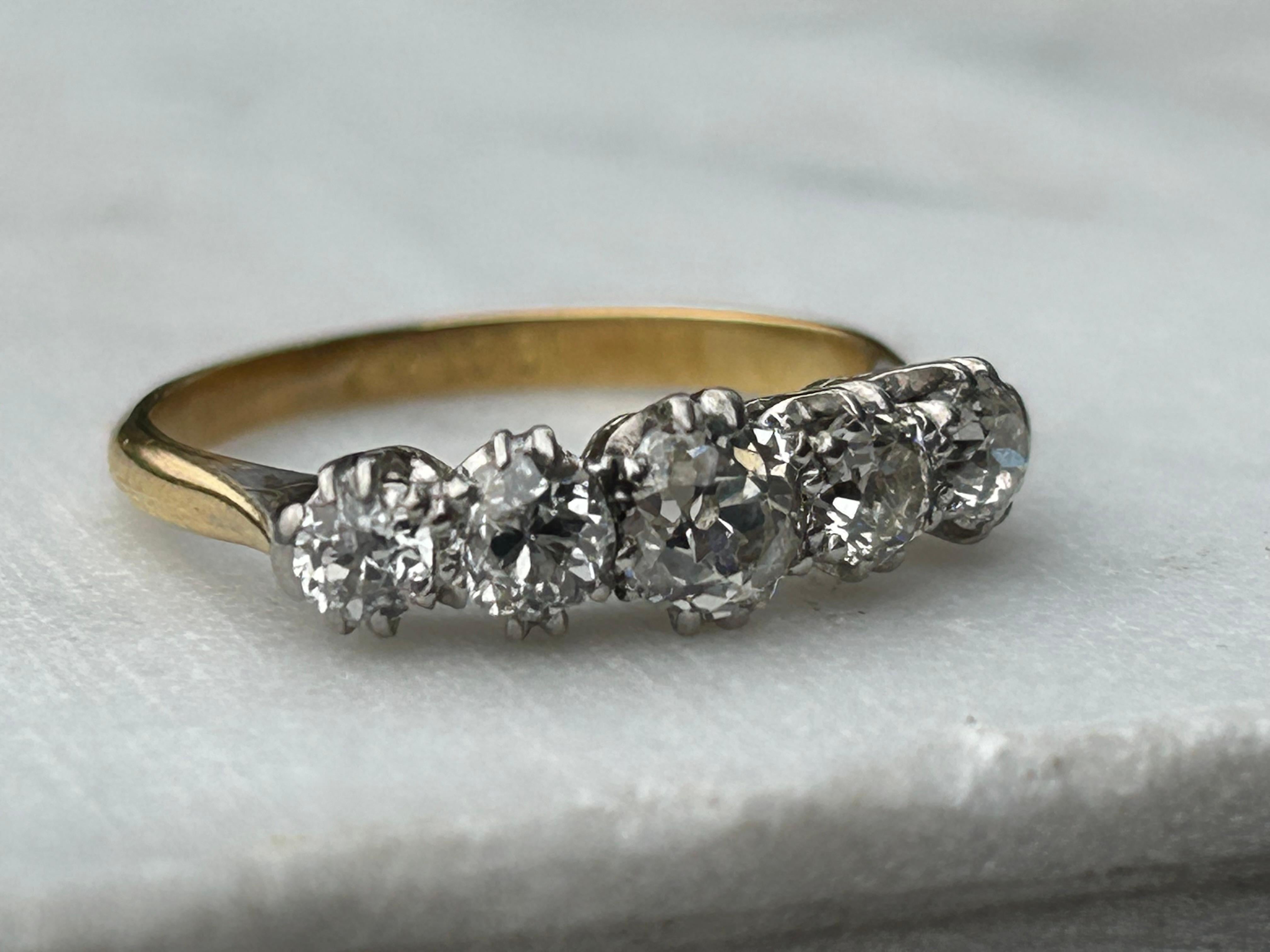 Antique Edwardian 1.65 carat Five Stone Old Mine Cut Diamond Ring For Sale 9