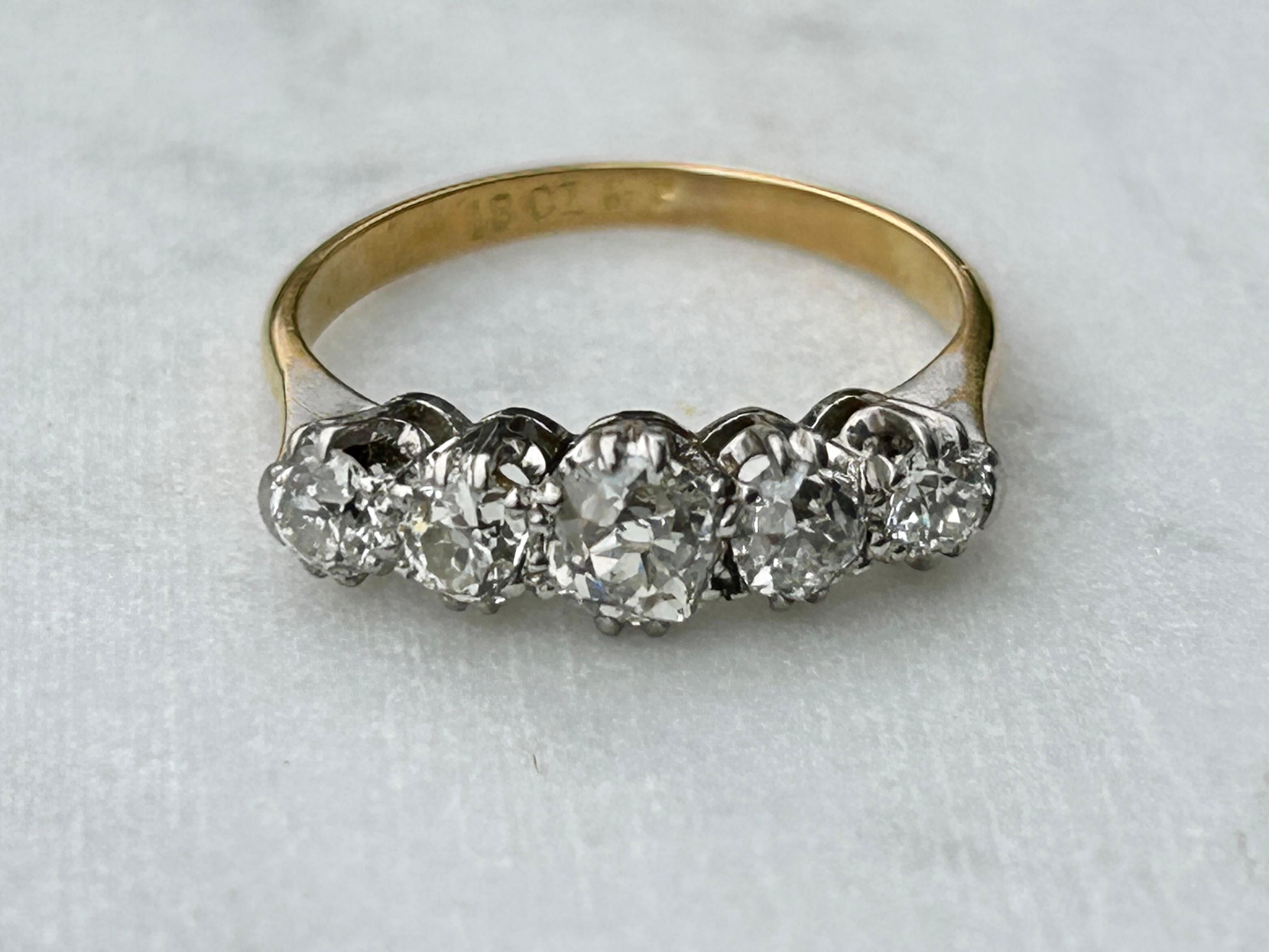 Antique Edwardian 1.65 carat Five Stone Old Mine Cut Diamond Ring For Sale 13