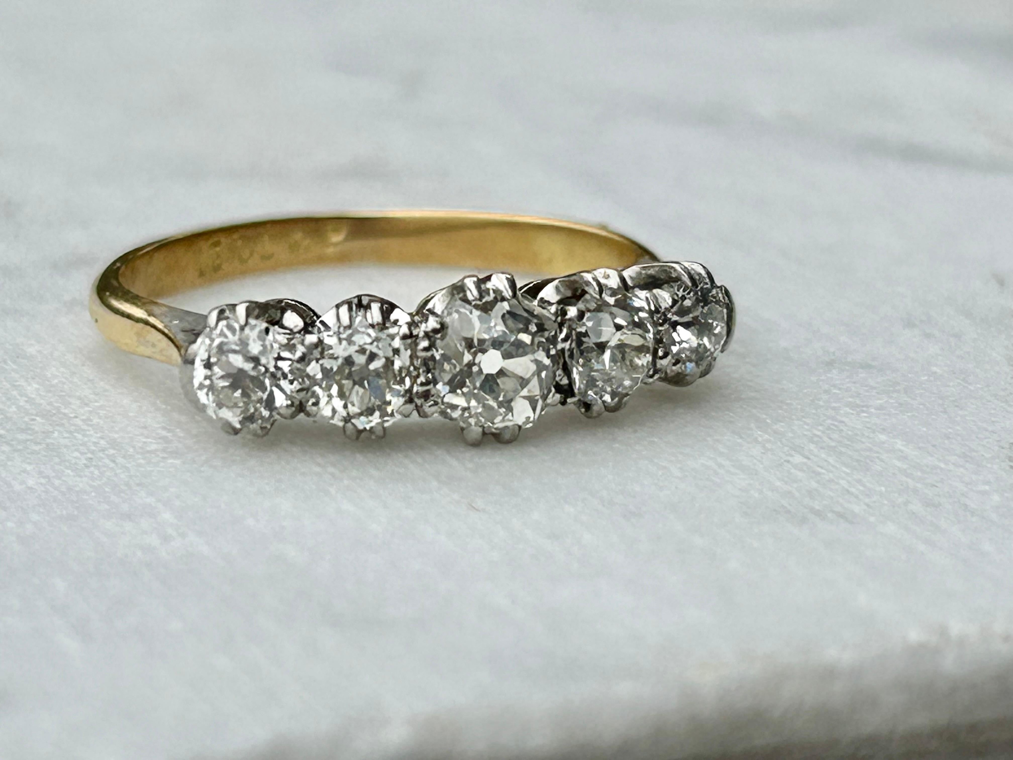 Antique Edwardian 1.65 carat Five Stone Old Mine Cut Diamond Ring For Sale 14