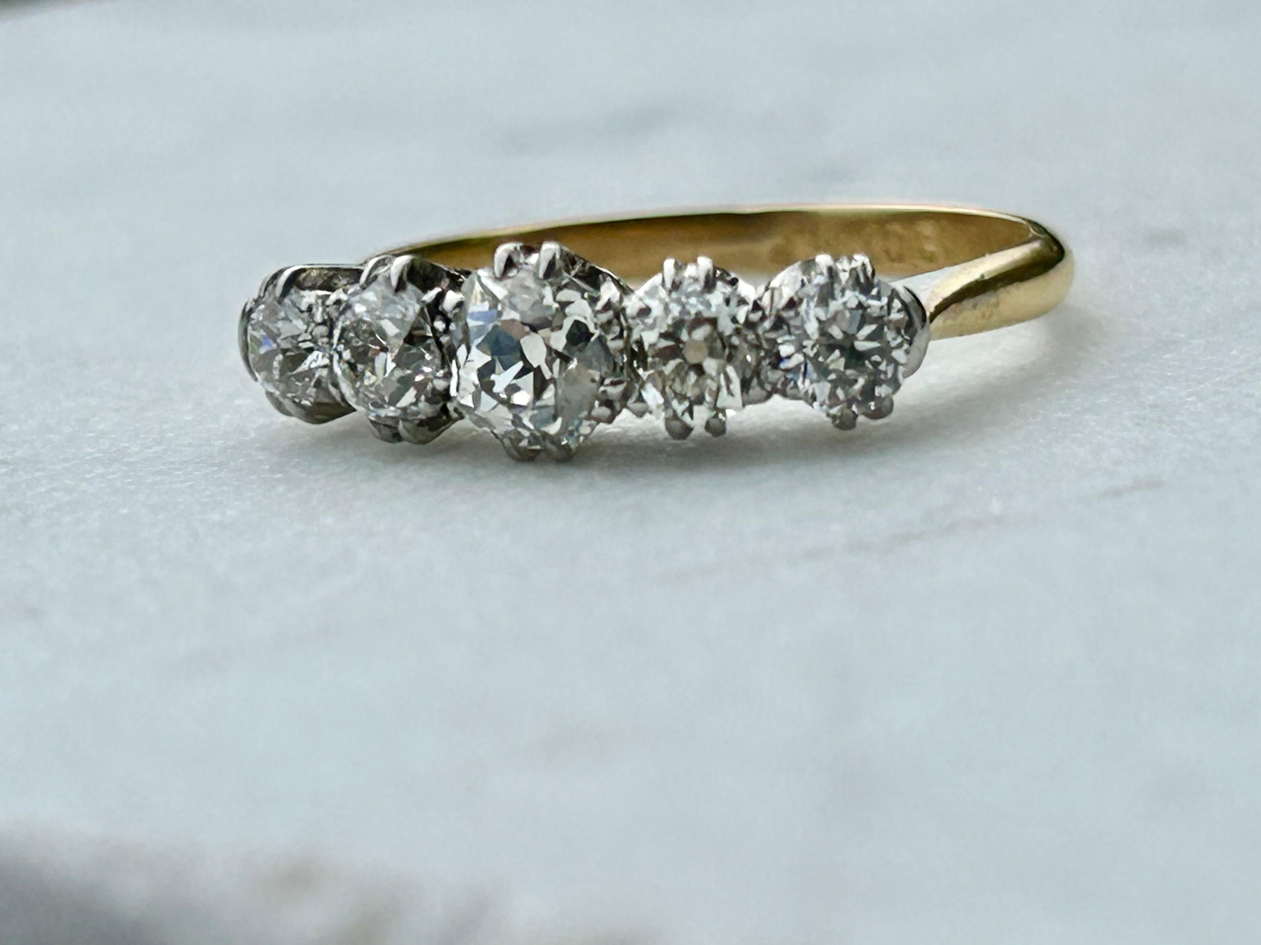 Antique Edwardian 5 stone 1.65ctw Diamond Ring 18ct Gold and PLAT. The perfect engagement ring! I love the big open culet in the central stone. These diamonds are the star of the show. They are very bright, white and sparkly.
Weight: 2.54 grams