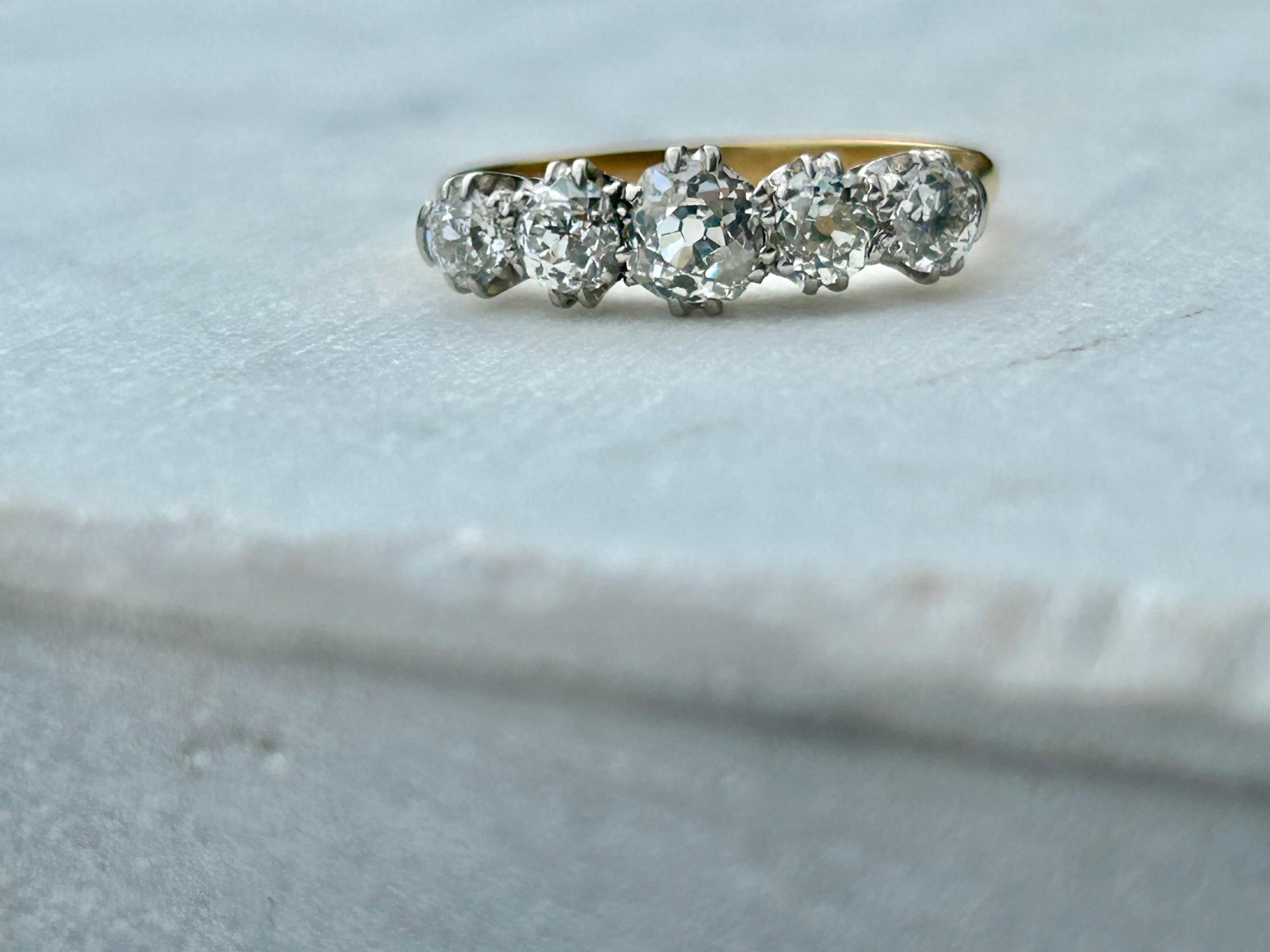Antique Edwardian 1.65 carat Five Stone Old Mine Cut Diamond Ring In Excellent Condition For Sale In Joelton, TN