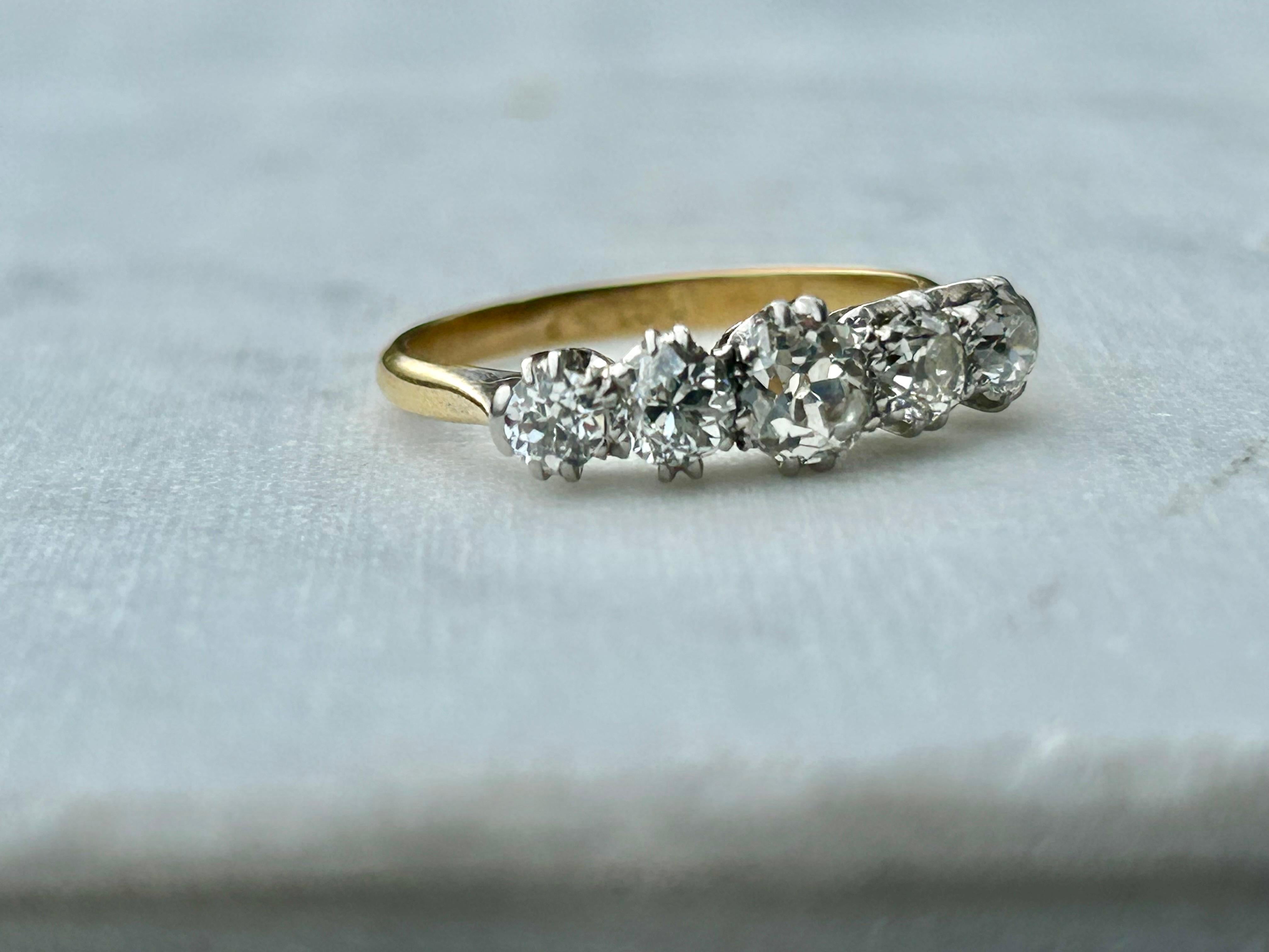 Antique Edwardian 1.65 carat Five Stone Old Mine Cut Diamond Ring For Sale 1