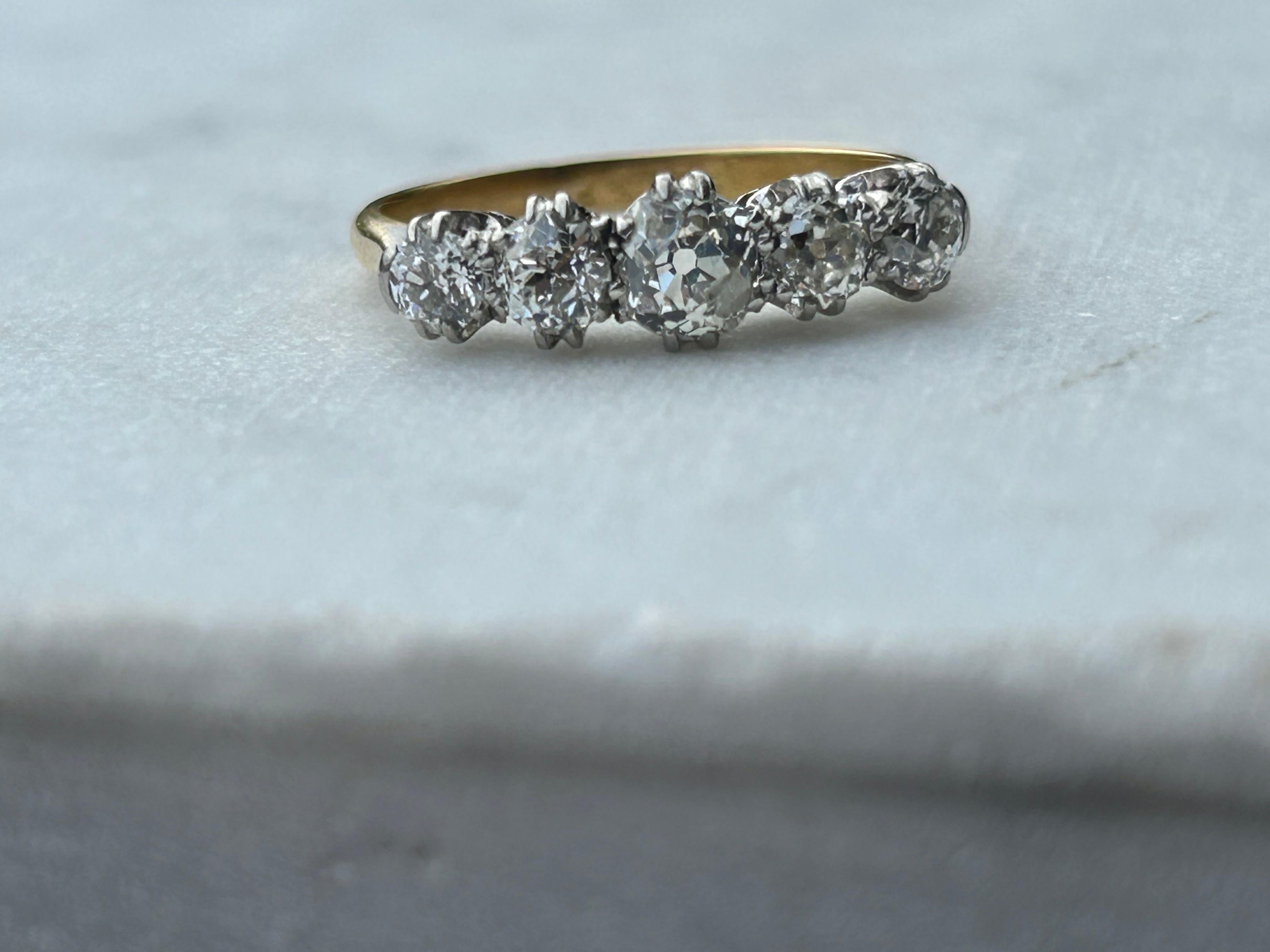 Antique Edwardian 1.65 carat Five Stone Old Mine Cut Diamond Ring For Sale 2