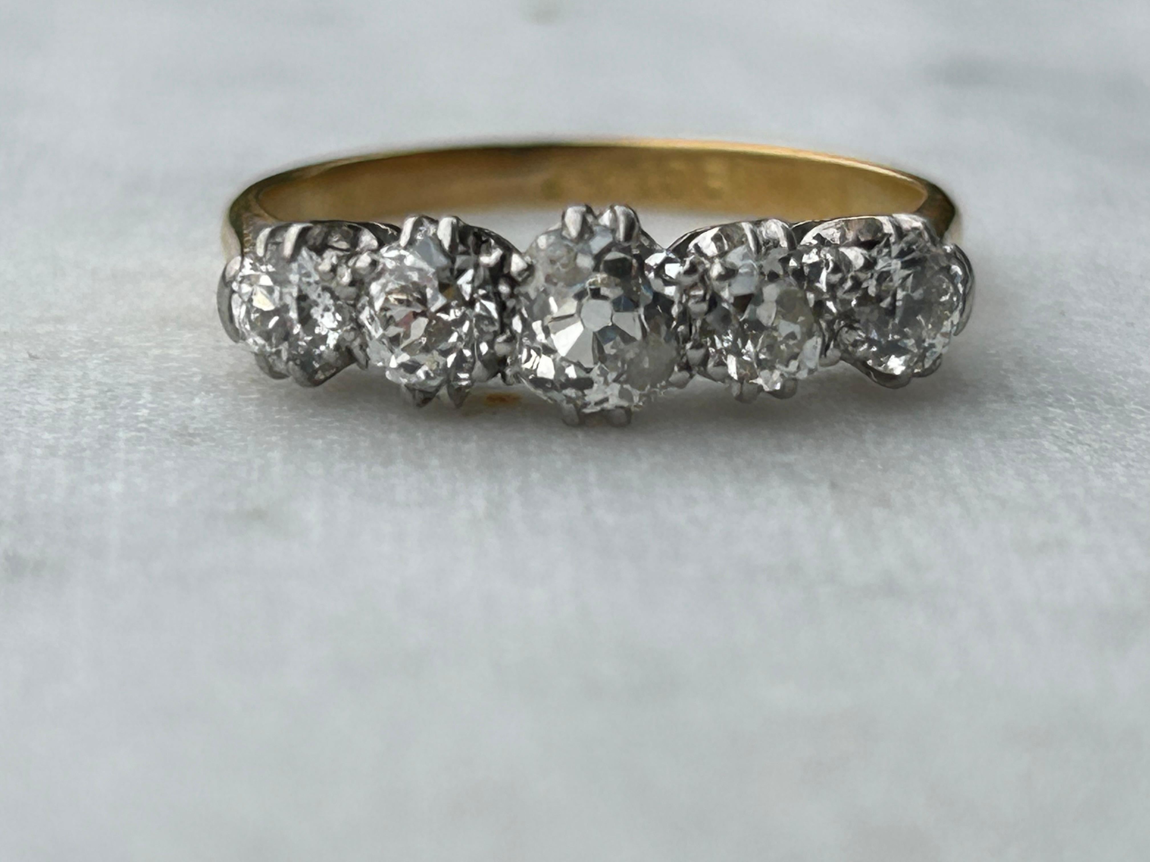 Antique Edwardian 1.65 carat Five Stone Old Mine Cut Diamond Ring For Sale 4