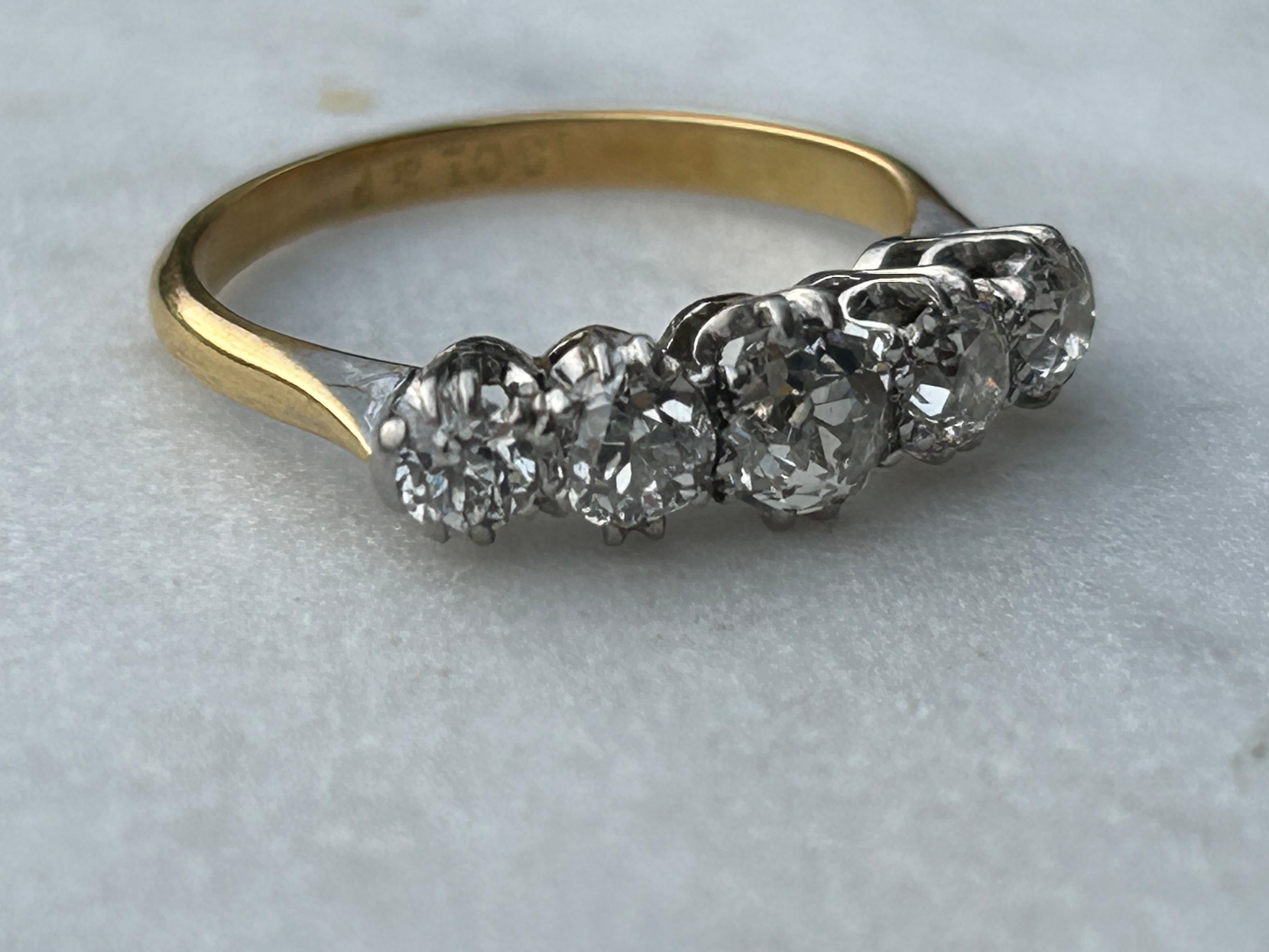 Antique Edwardian 1.65 carat Five Stone Old Mine Cut Diamond Ring For Sale 5