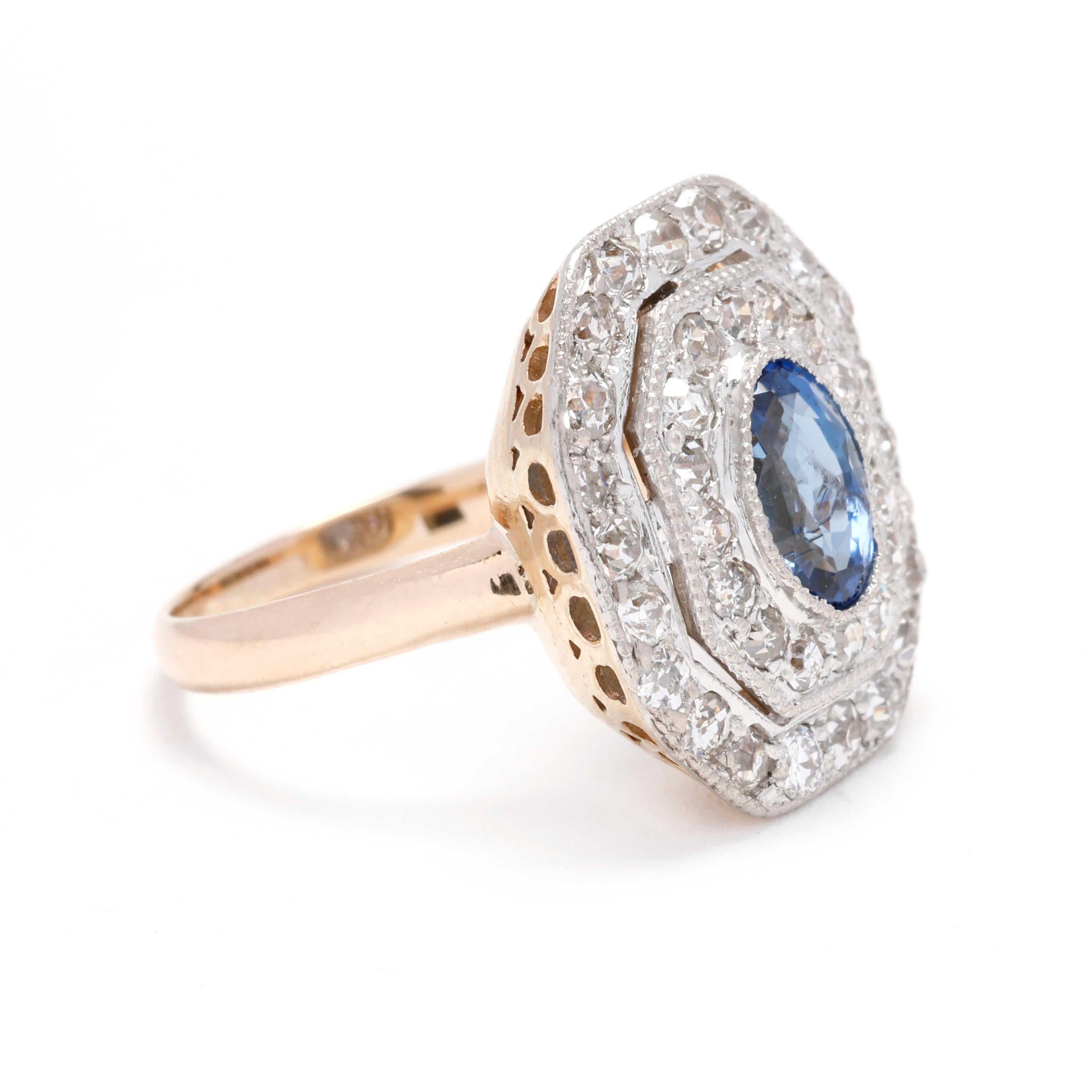 Pietre:
- diamante, 38 pietre
- taglio europeo antico
- 1,5 - 1,75 mm
- circa .66 carati
- Colore GH, purezza VS2 - SI2

- zaffiro, 1 pietra
- ovale
- circa 1 carato
- 7 x 5 mm

Anello misura 4,75

Lunghezza: 16,8 mm

Peso: 2,6 dwts. / 4 grammi

Un