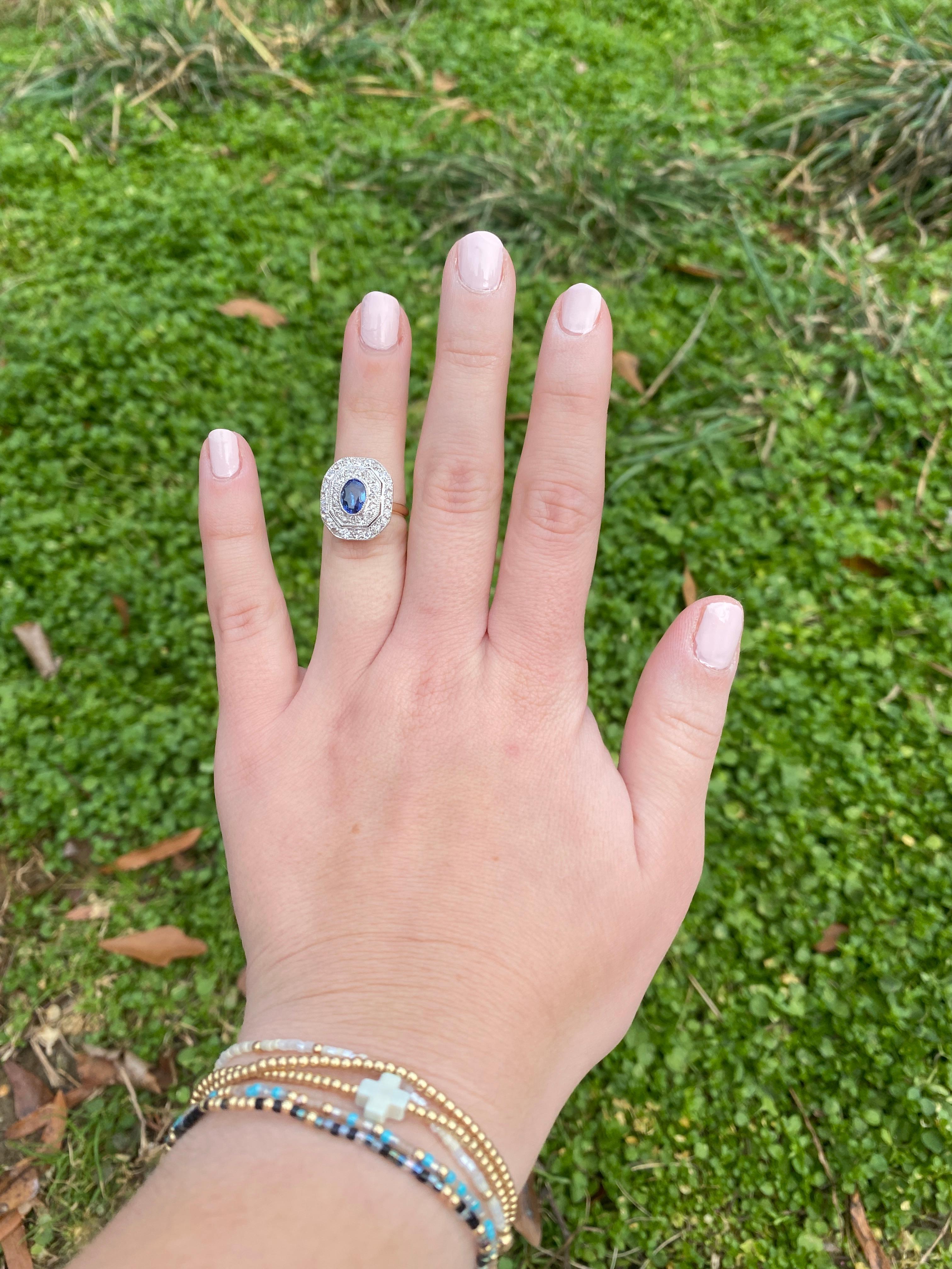 Anello antico edoardiano con zaffiro e diamante da 1,66 carati, platino e oro giallo 14 carati In condizioni buone in vendita a McLeansville, NC