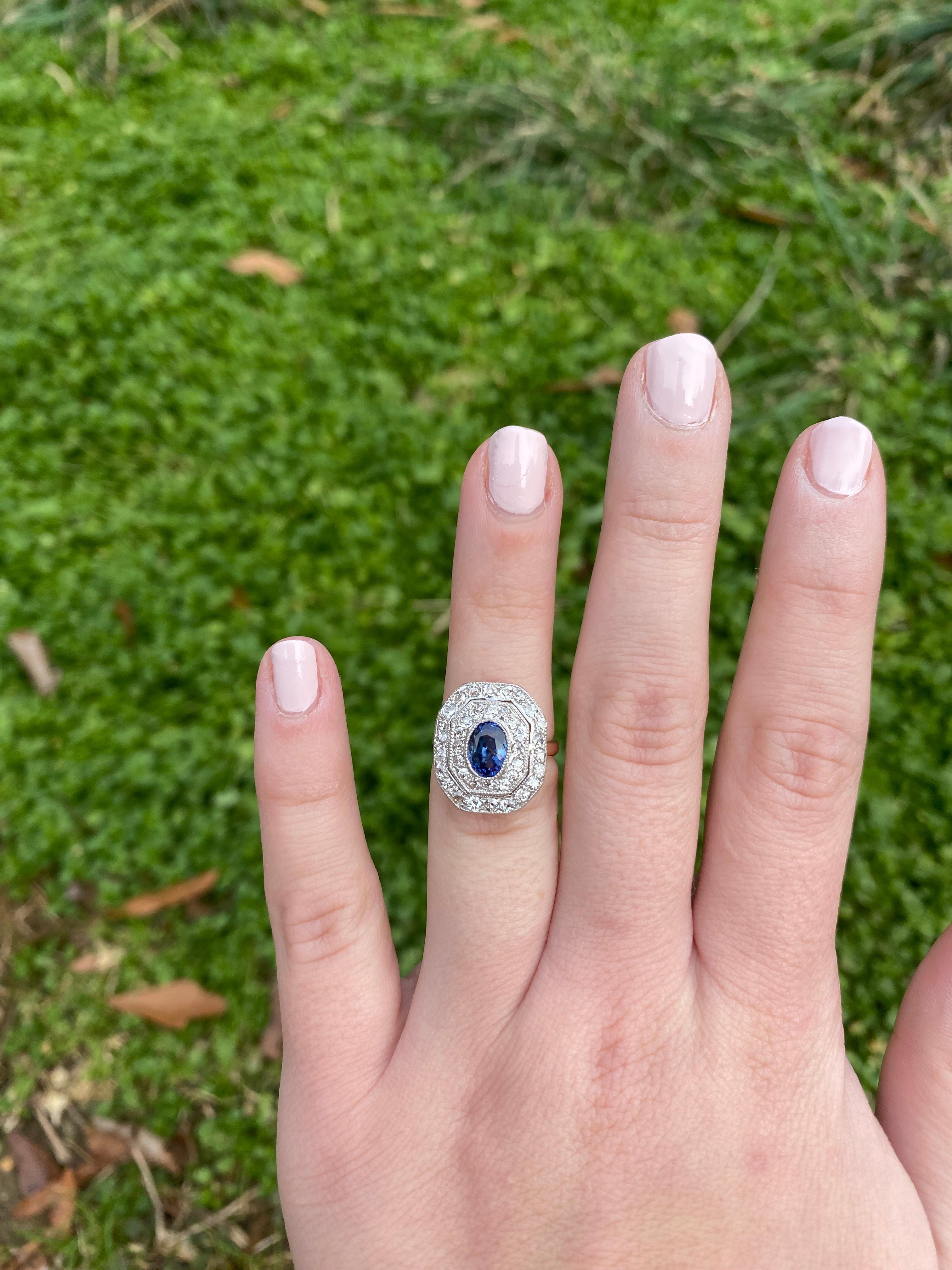 Antique Edwardian 1.66ctw Sapphire and Diamond Ring, Platinum and 14kYellow Gold For Sale 1