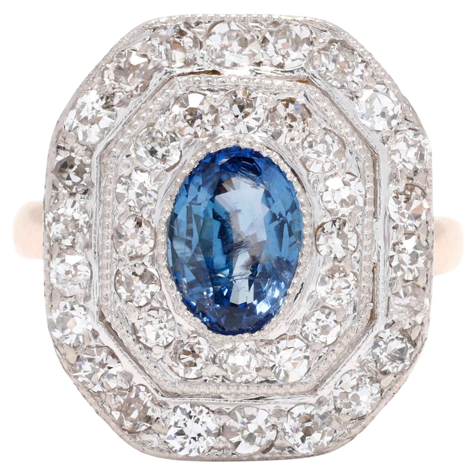 Antiker edwardianischer Ring mit 1,66 Karat Saphir und Diamant, Platin und 14 Karat Gelbgold