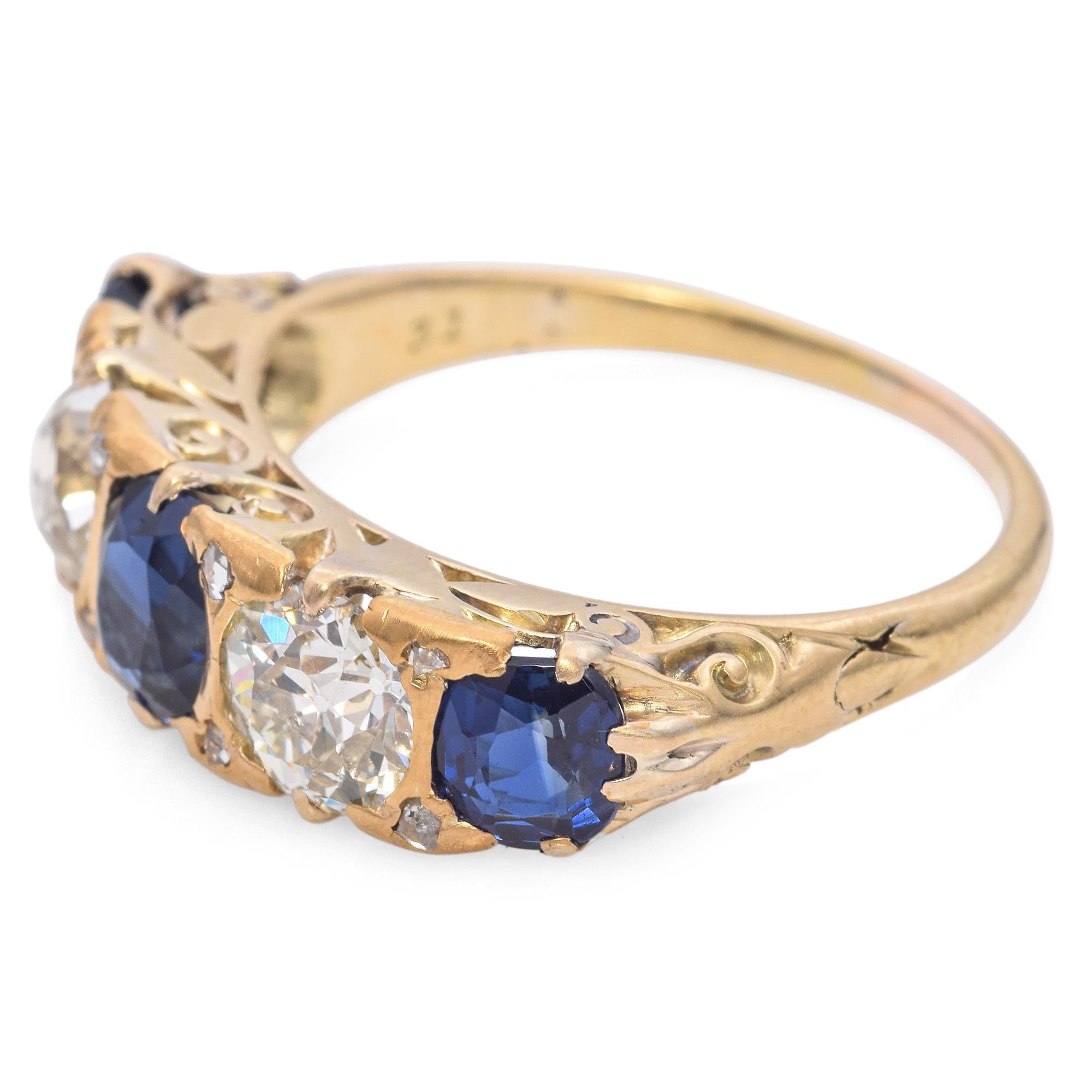 Oval Cut Antique Edwardian 16k Yellow Gold Sapphire and Diamond Five Stone Ring