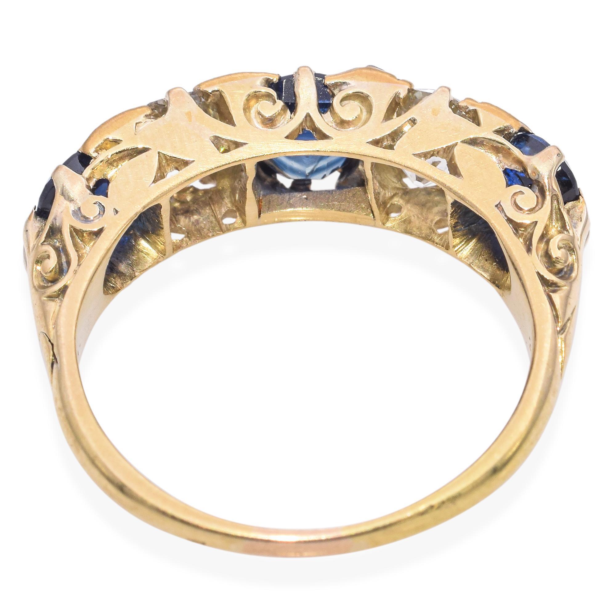 Antique Edwardian 16k Yellow Gold Sapphire and Diamond Five Stone Ring In Good Condition In New York, NY