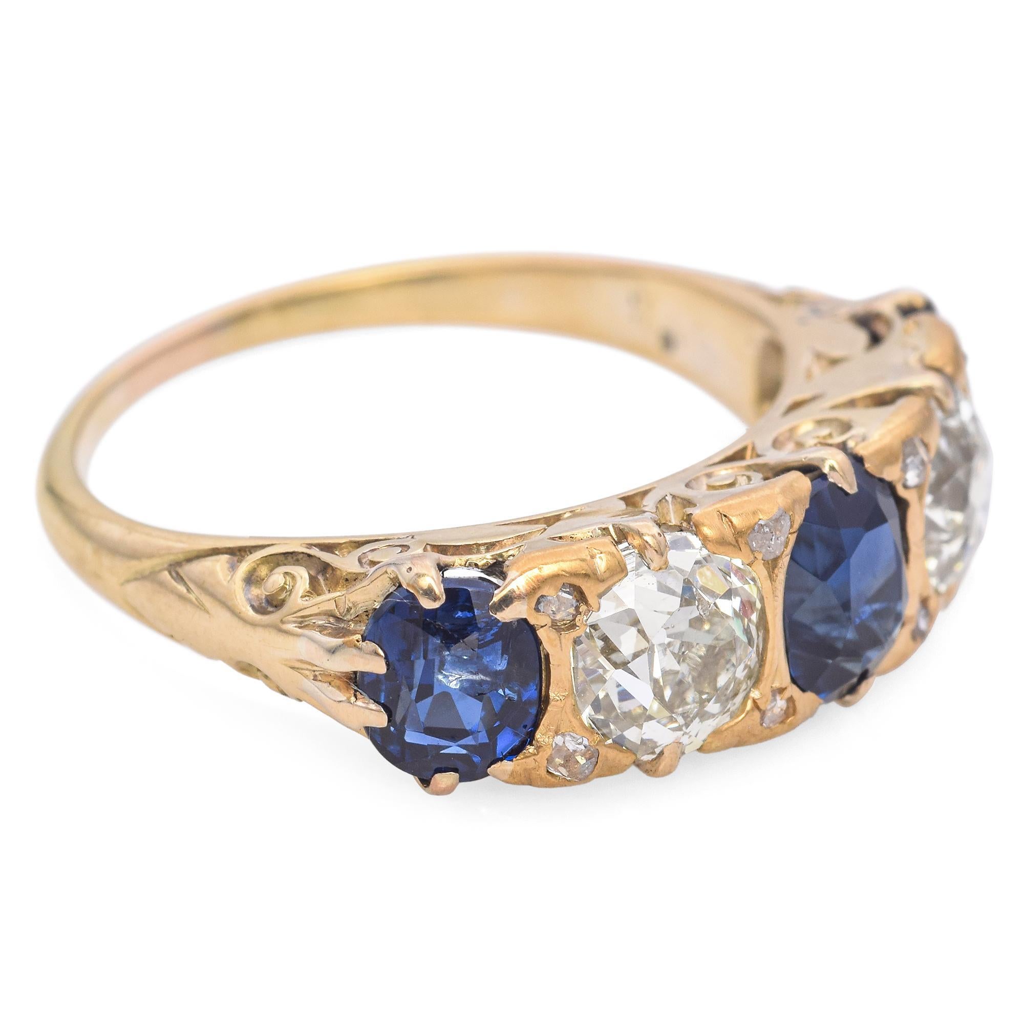 Women's Antique Edwardian 16k Yellow Gold Sapphire and Diamond Five Stone Ring