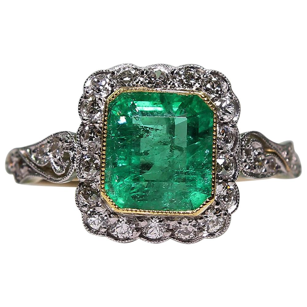Antique Edwardian 18 Karat Gold 1.69 Carat Emerald and Diamond Ring