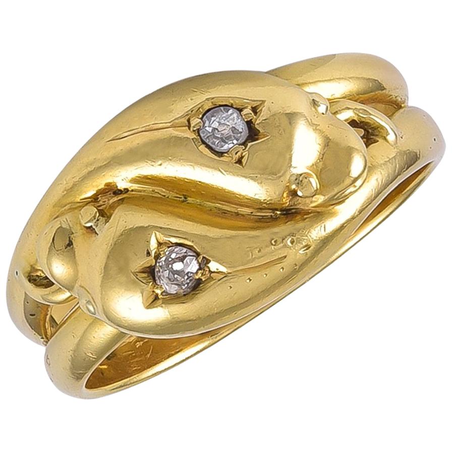 Antique Edwardian 18 Karat Gold Double Head Snake Ring For Sale