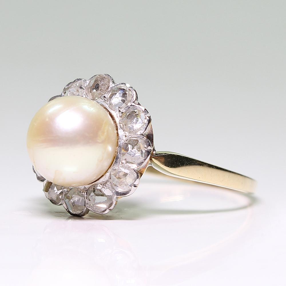 Women's or Men's Antique Edwardian 18 Karat Gold Pearl and Diamond Ring