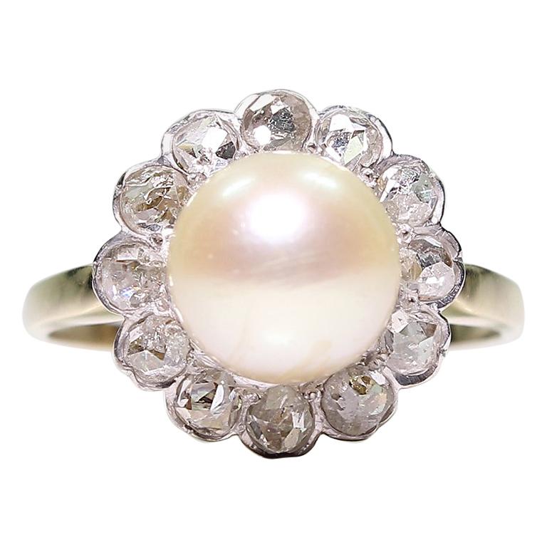 Antique Edwardian 18 Karat Gold Pearl and Diamond Ring