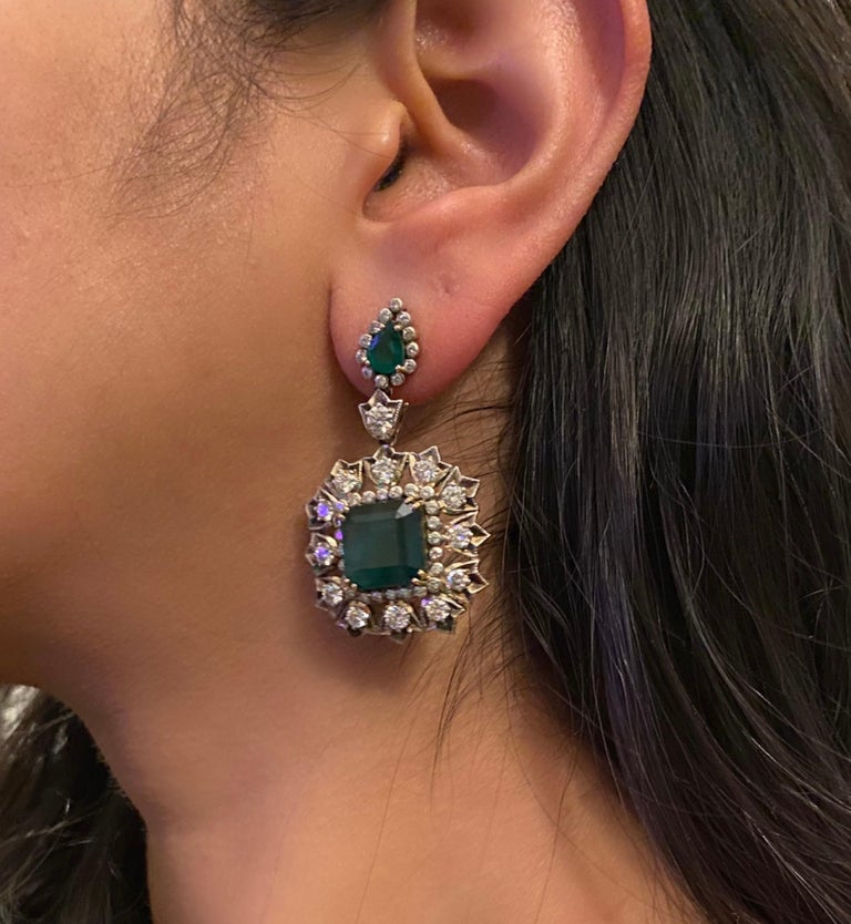 Antique Edwardian 18.5 Carat Natural Emerald Earring, 18 Karat Gold and ...