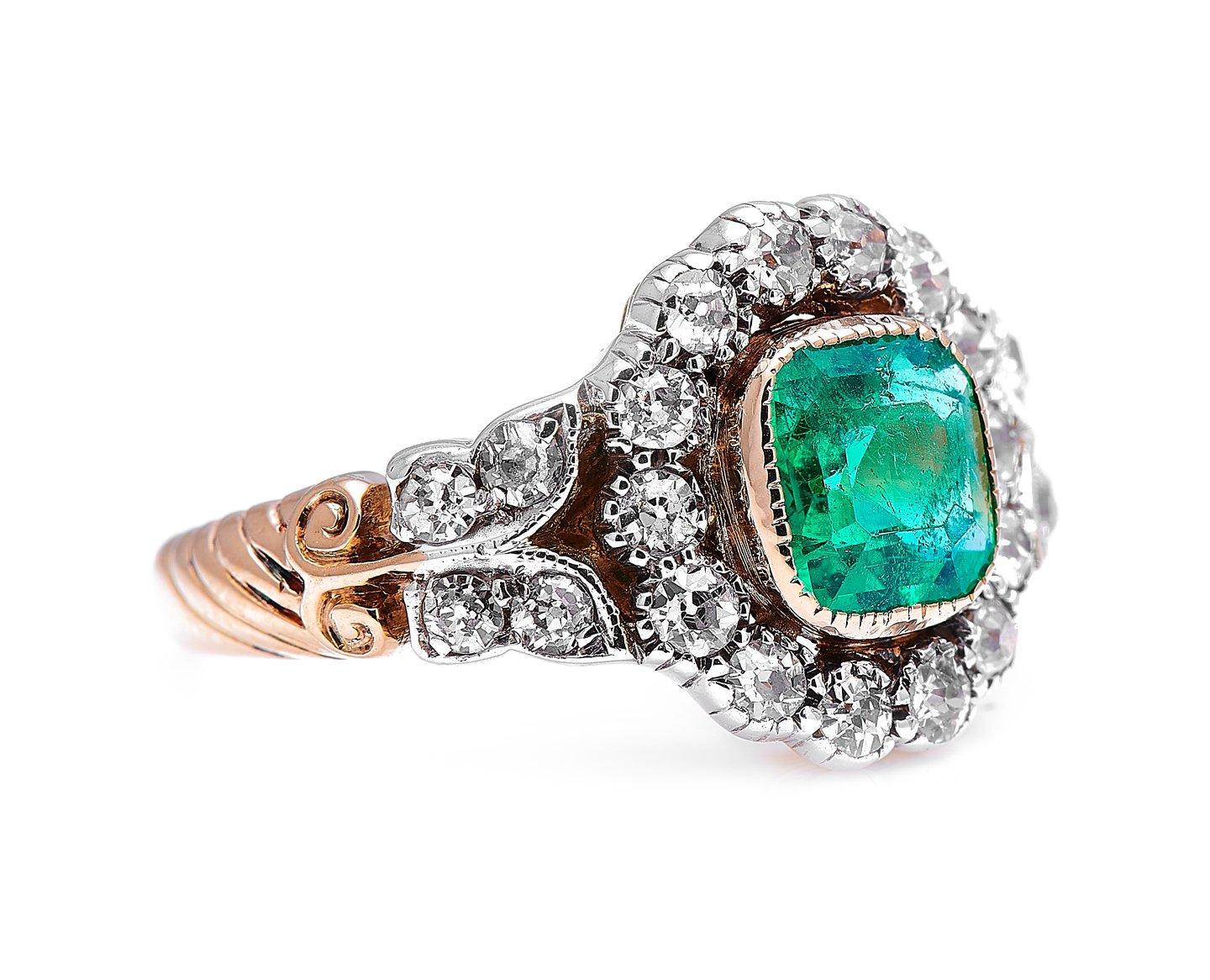Emerald and diamond ring, early 20th century. With a beautiful octagonal step-cut emerald at its centre, this ring is an especially charming example of the ‘garland style’ which dominated jewellery design in the opening decade of the 20th century.