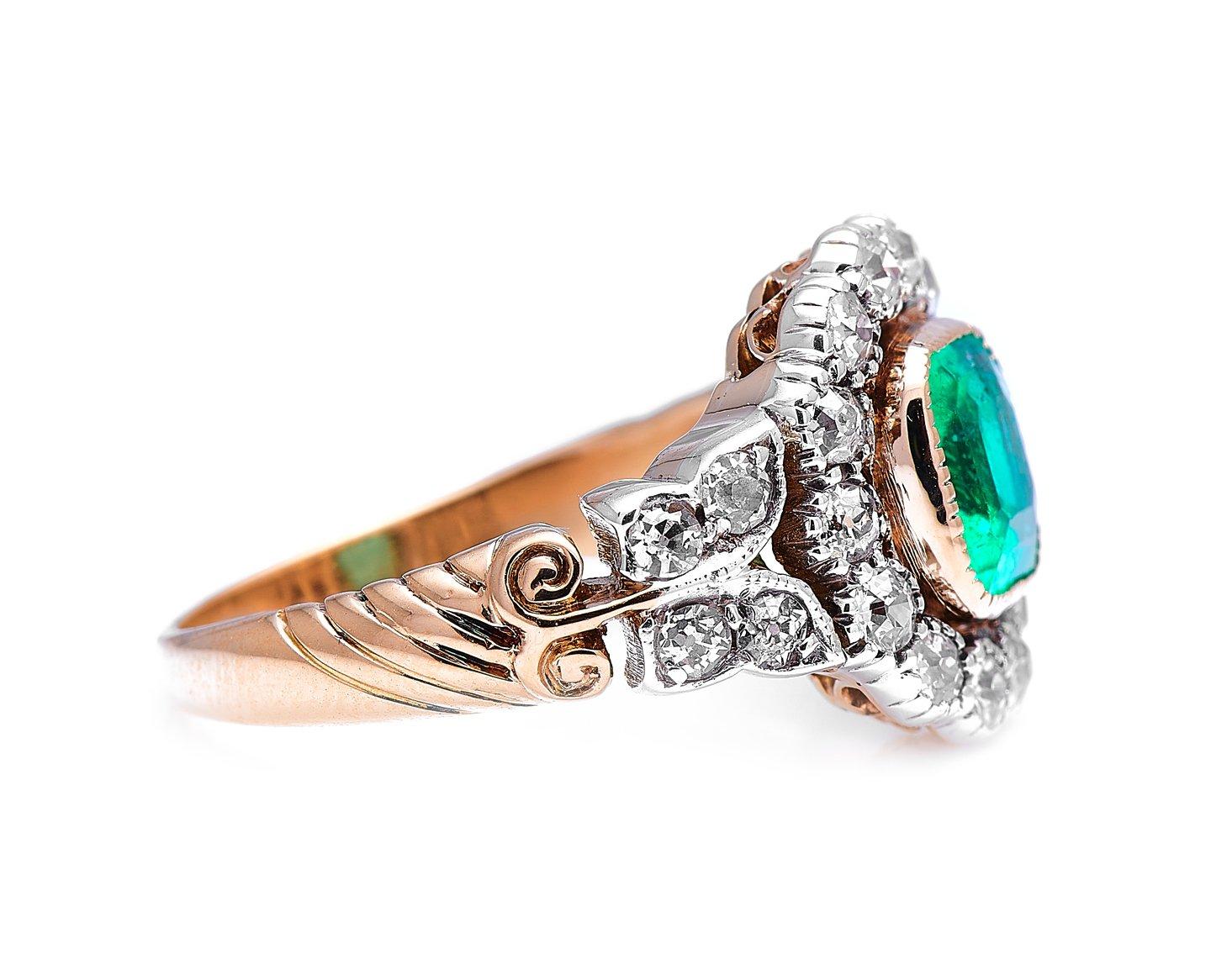 Antique Cushion Cut Antique, Edwardian, 18 Carat Gold, Garland Style, Emerald and Diamond Ring