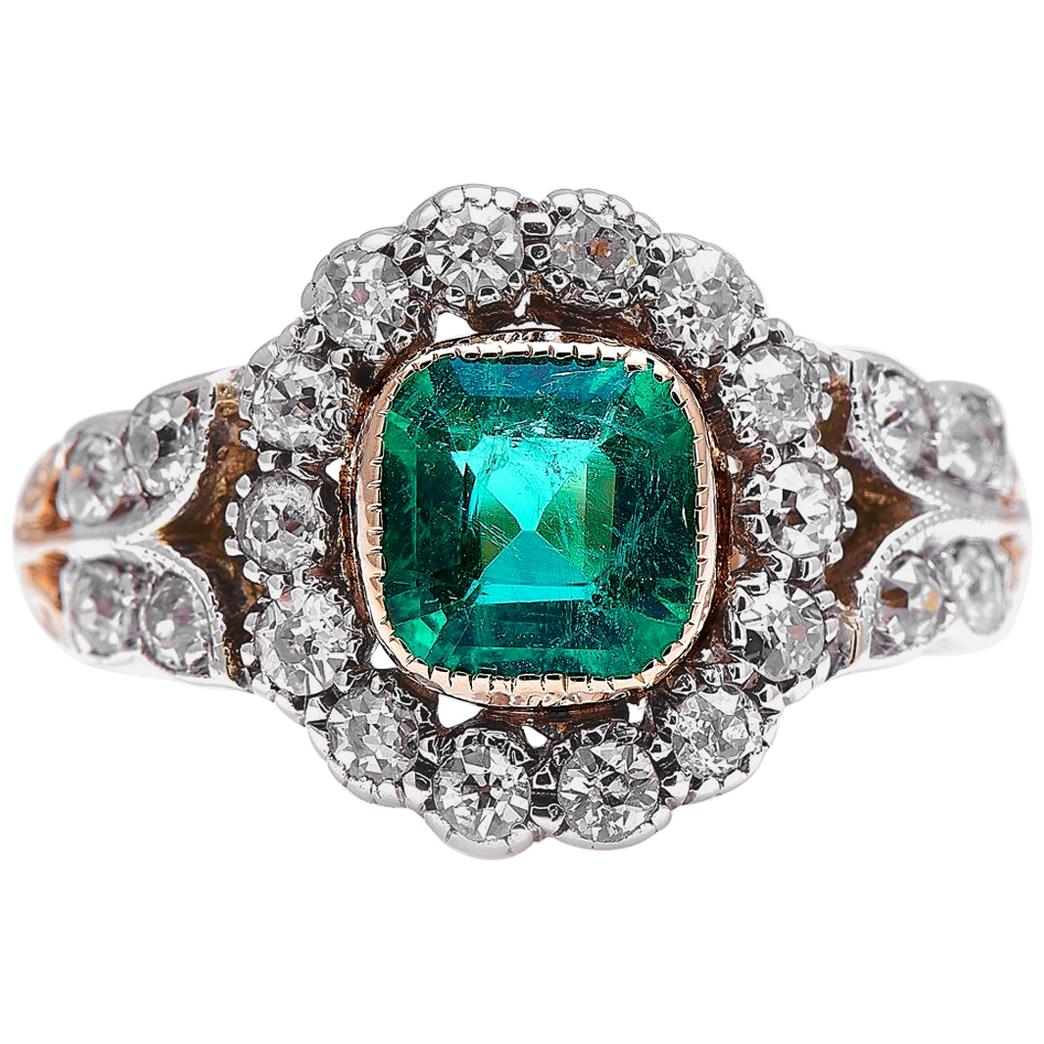 Antique, Edwardian, 18 Carat Gold, Garland Style, Emerald and Diamond Ring