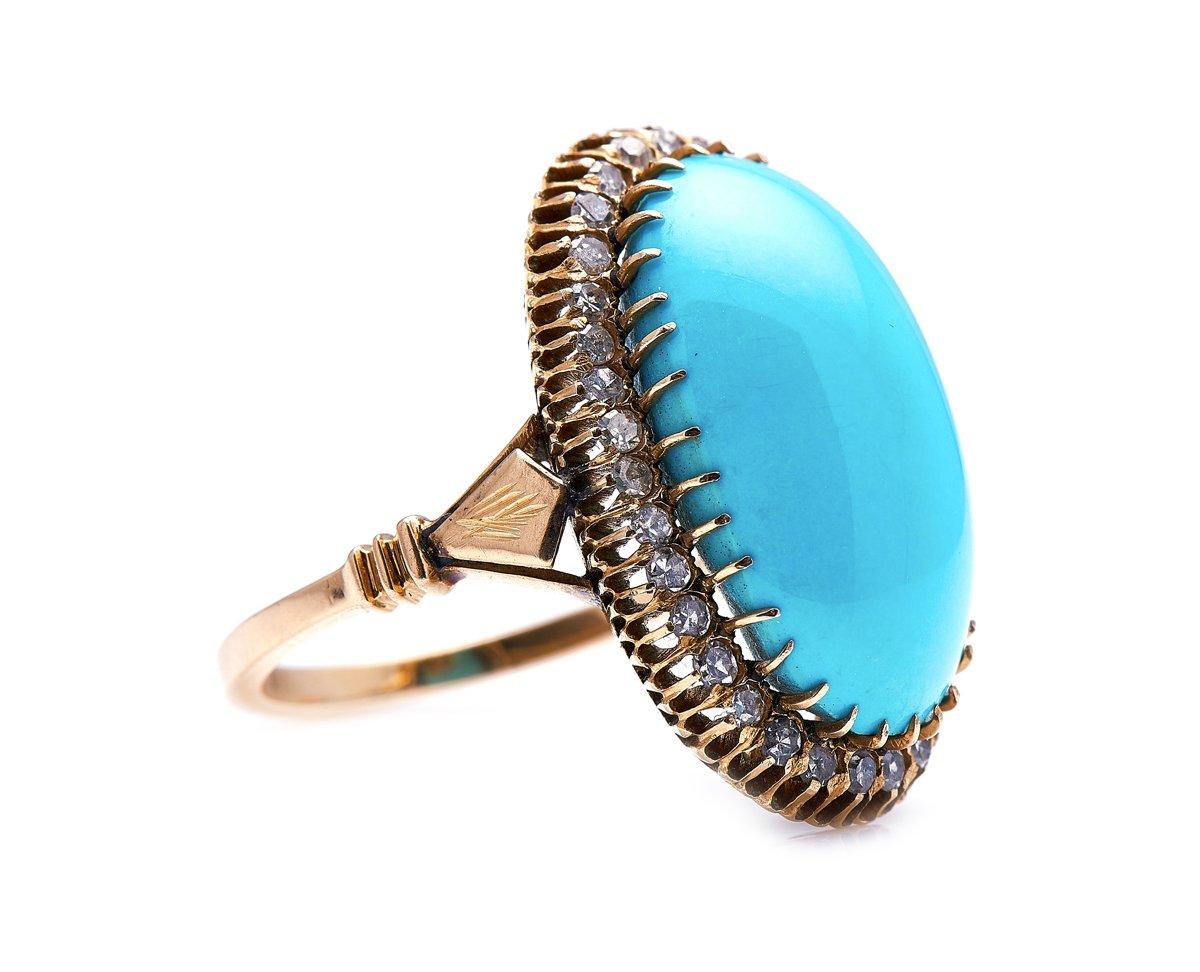 Extraordinary Untreated Turquoise and Diamond Ring. Turquoise is a bright blue to greenish stone with a long and distinguished history. It one of the most famous stones of the ancient world, prized by the Egyptians, the Aztecs and the rulers of