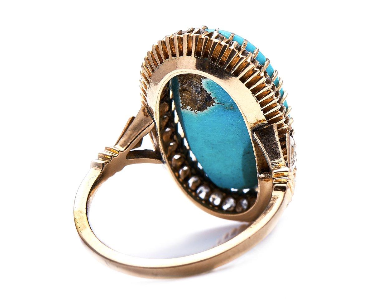 Cabochon Antique, Edwardian, 18ct Gold, Natural Turquoise and Diamond Ring For Sale