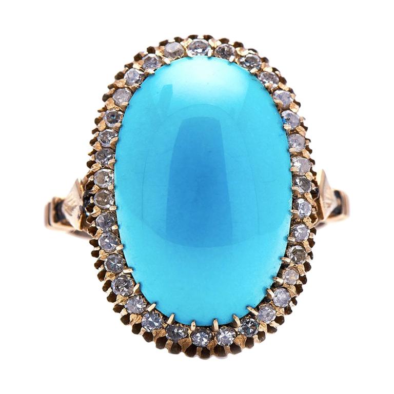 Antique, Edwardian, 18ct Gold, Natural Turquoise and Diamond Ring For Sale